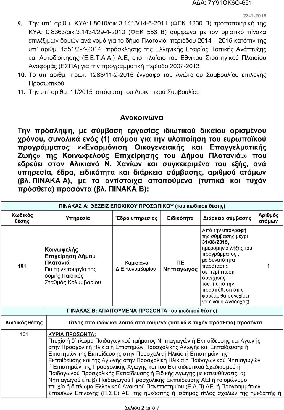 Ε, στο πλαίσιο του Εθνικού Στρατηγικού Πλαισίου Αναφοράς (ΕΣΠΑ) για την προγραμματική περίοδο 2007-2013. 10. Το υπ αριθμ. πρωτ. 1283/11-2-2015 έγγραφο του Ανώτατου Συμβουλίου επιλογής Προσωπικού 11.