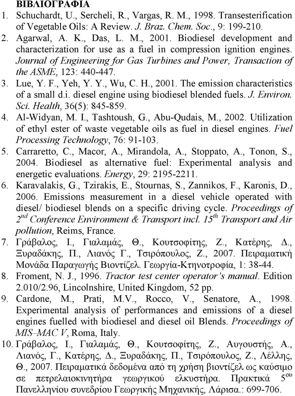 , Yeh, Y. Y., Wu, C. H., 2001. The emission characteristics of a small d.i. diesel engine using biodiesel blended fuels. J. Environ. Sci. Health, 36(5): 845-859. 4. Al-Widyan, M. I., Tashtoush, G.