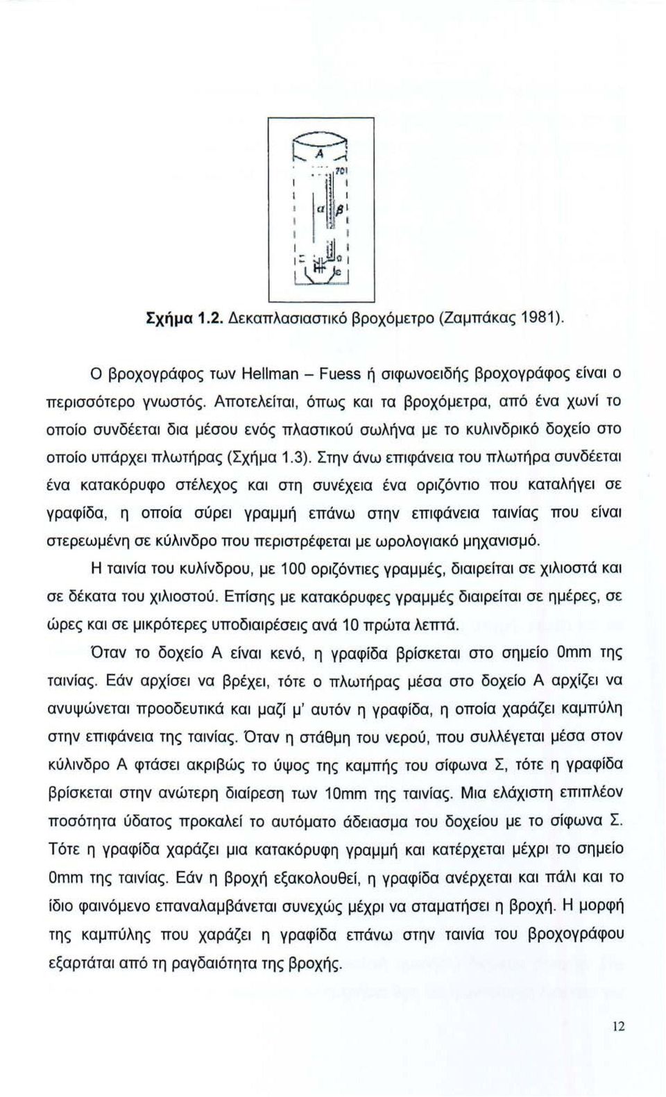 Στην άνω επιφάνεια τυ πλωτήρα συνδέεται ένα κατακόρυφ στέλεχς και στη συνέχεια ένα ριζόντι πυ καταλήγει σε γραφίδα, η πία σύρει γραμμή επάνω στην επιφάνεια ταινίας πυ είναι στερεωμένη σε κύλινδρ πυ