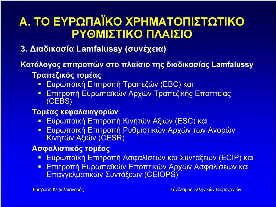 (EBC) και Επιτροπή Ευρωπαϊκών Αρχών Τραπεζικής Εποπτείας (CEBS) Τομέας κεφαλαιαγορών Ευρωπαϊκή Επιτροπή Κινητών Αξιών (ESC) και Ευρωπαϊκή