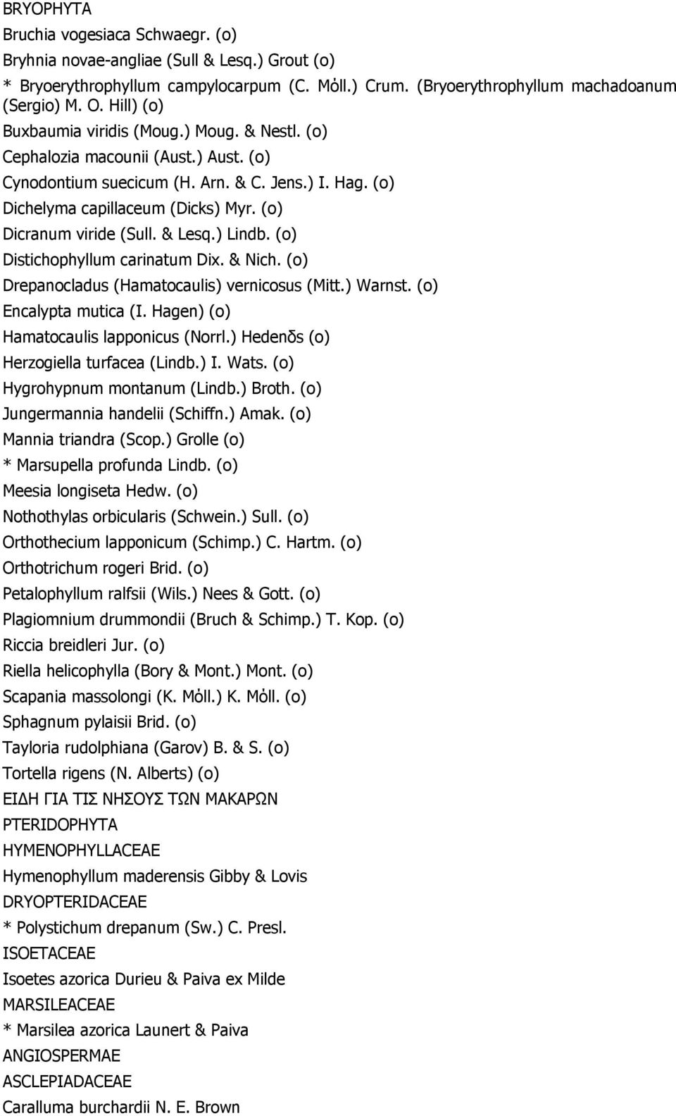 (o) Dicranum viride (Sull. & Lesq.) Lindb. (o) Distichophyllum carinatum Dix. & Nich. (o) Drepanocladus (Hamatocaulis) vernicosus (Mitt.) Warnst. (o) Encalypta mutica (I.