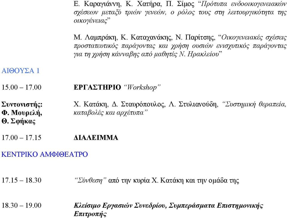 Ηρακλείου ΑΙΘΟΥΣΑ 1 15.00 17.00 Φ. Μουρελή, Θ. Σφήκας 17.00 17.15 ΕΡΓΑΣΤΗΡΙΟ Workshop Χ. Κατάκη,. Σταυρόπουλος, Λ.
