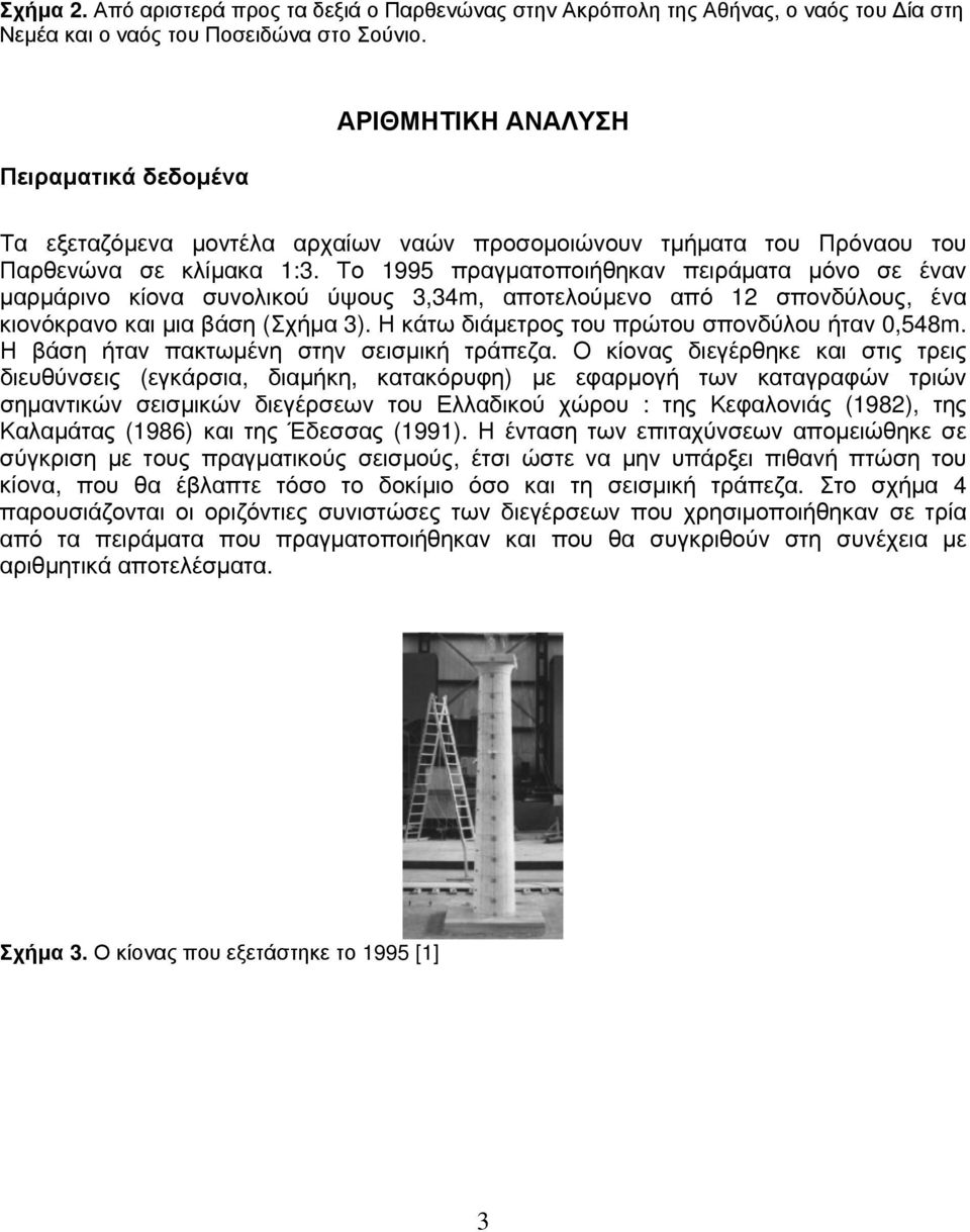 Το 1995 πραγματοποιήθηκαν πειράματα μόνο σε έναν μαρμάρινο κίονα συνολικού ύψους 3,34m, αποτελούμενο από 12 σπονδύλους, ένα κιονόκρανο και μια βάση (Σχήμα 3).