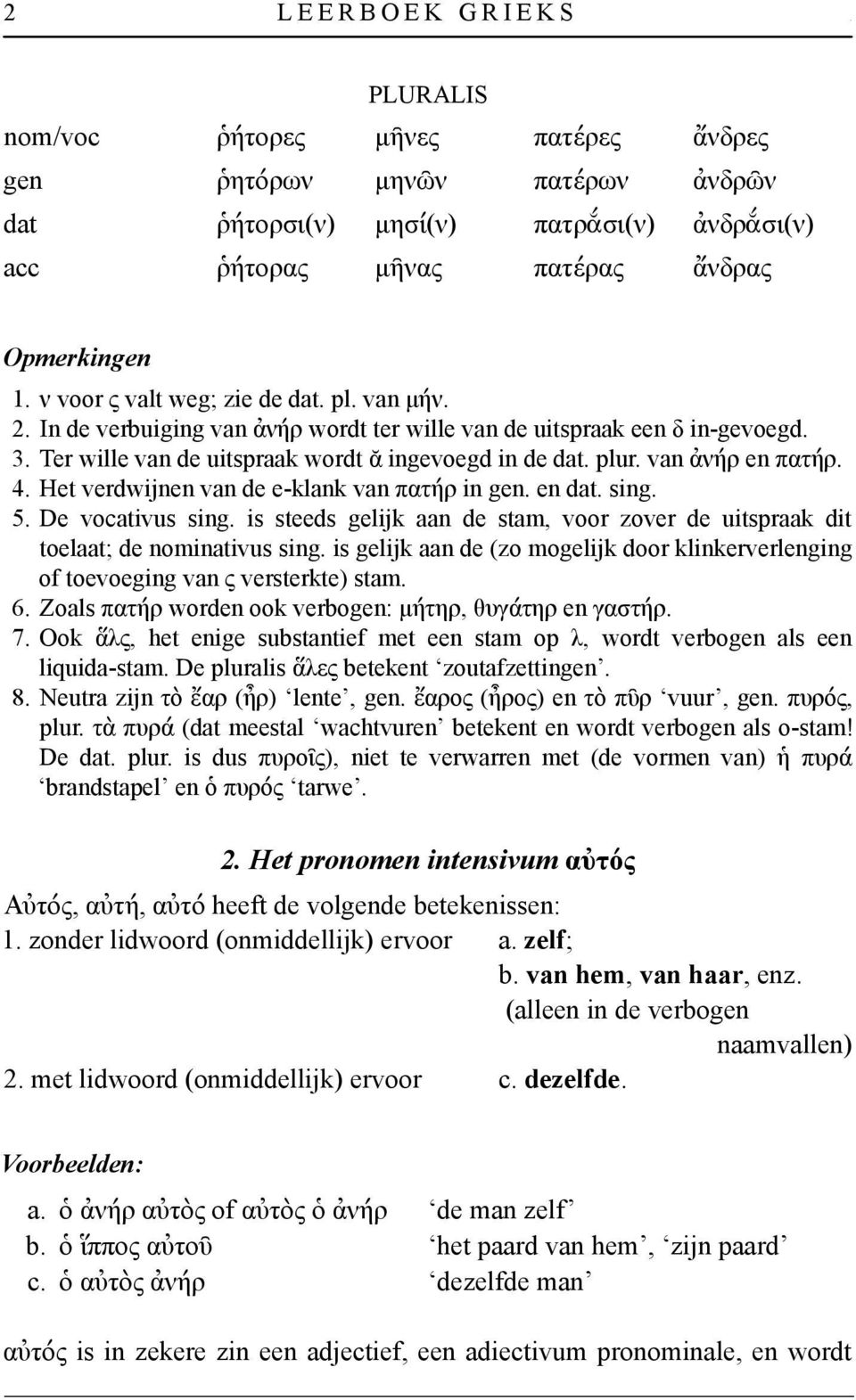 ν voor ς valt weg; zie de dat. pl. van μήν. 2. In de verbuiging van ἀνήρ wordt ter wille van de uitspraak een δ in gevoegd. 3. Ter wille van de uitspraak wordt ᾰ ingevoegd in de dat. plur.