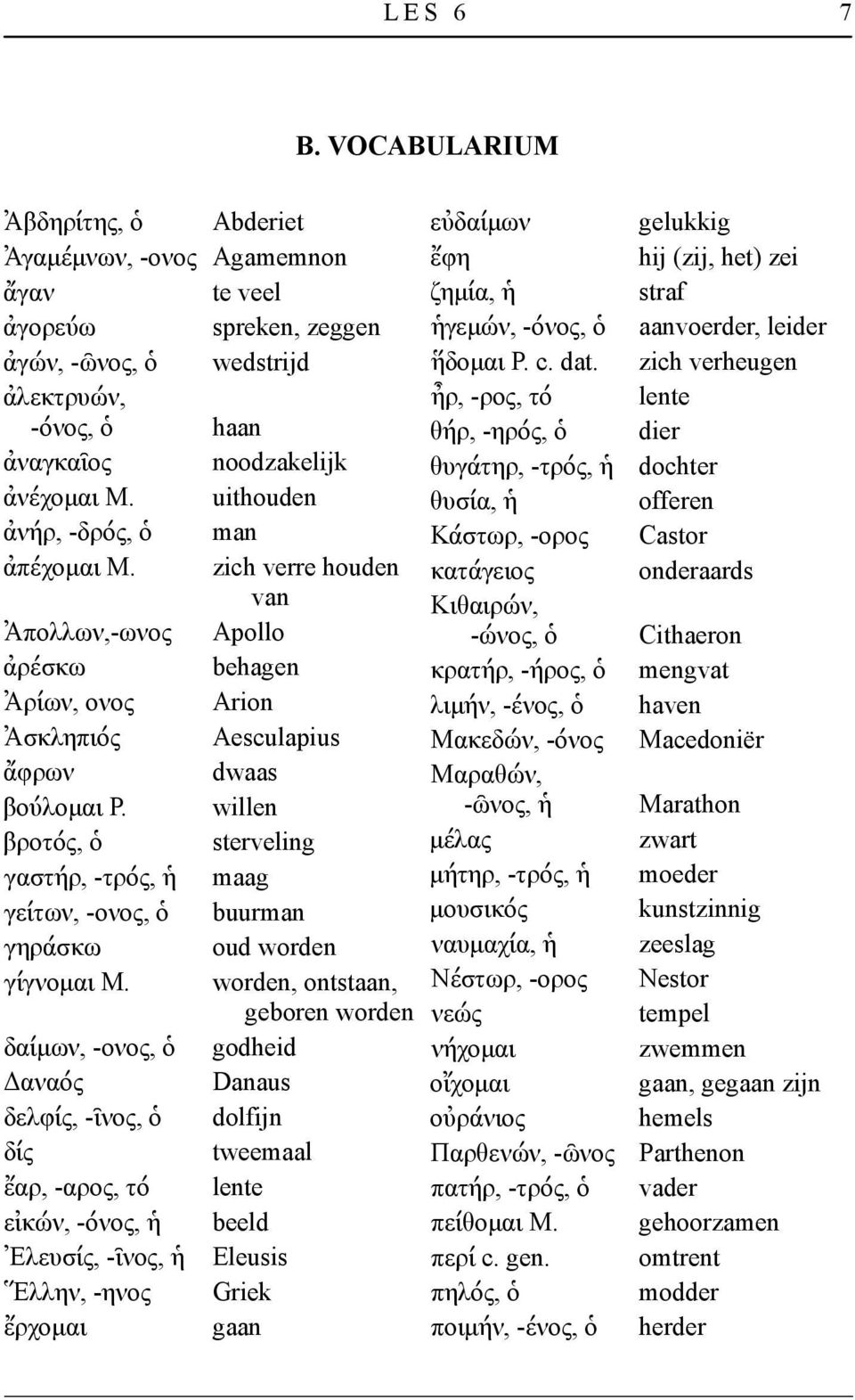 willen βροτός, ὁ sterveling γαστήρ, -τρός, ἡ maag γείτων, -ονος, ὁ buurman γηράσκω oud worden γίγνομαι M.