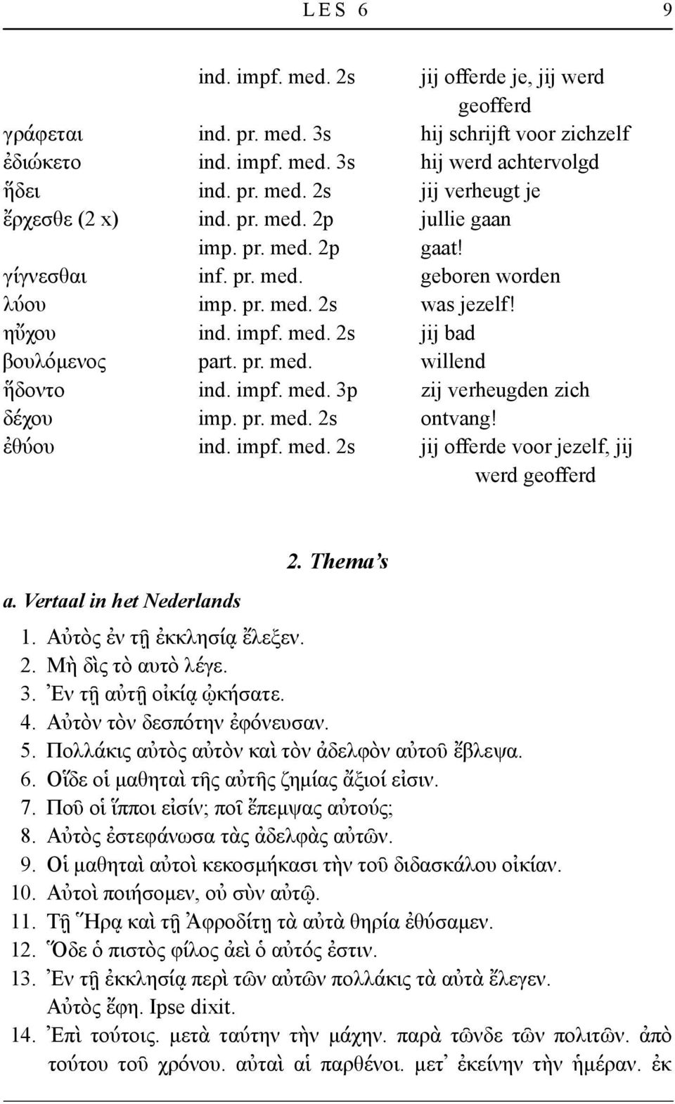 impf. med. 3p zij verheugden zich δέχου imp. pr. med. 2s ontvang! ἐθύου ind. impf. med. 2s jij offerde voor jezelf, jij werd geofferd a. Vertaal in het Nederlands 2. Thema s 1.