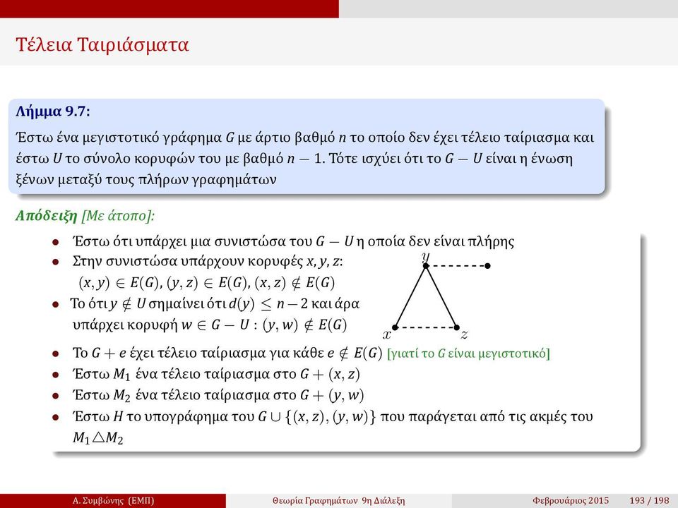 κορυφε ς x, y, z: y (x, y) E(G), (y, z) E(G), (x, z) / E(G) Το ο τι y / U σημαι νει ο τι d(y) n 2 και α ρα υπα ρχει κορυφη w G U : (y, w) / E(G) x z Το G + e ε χει τε λειο ται ριασμα για κα θε e /