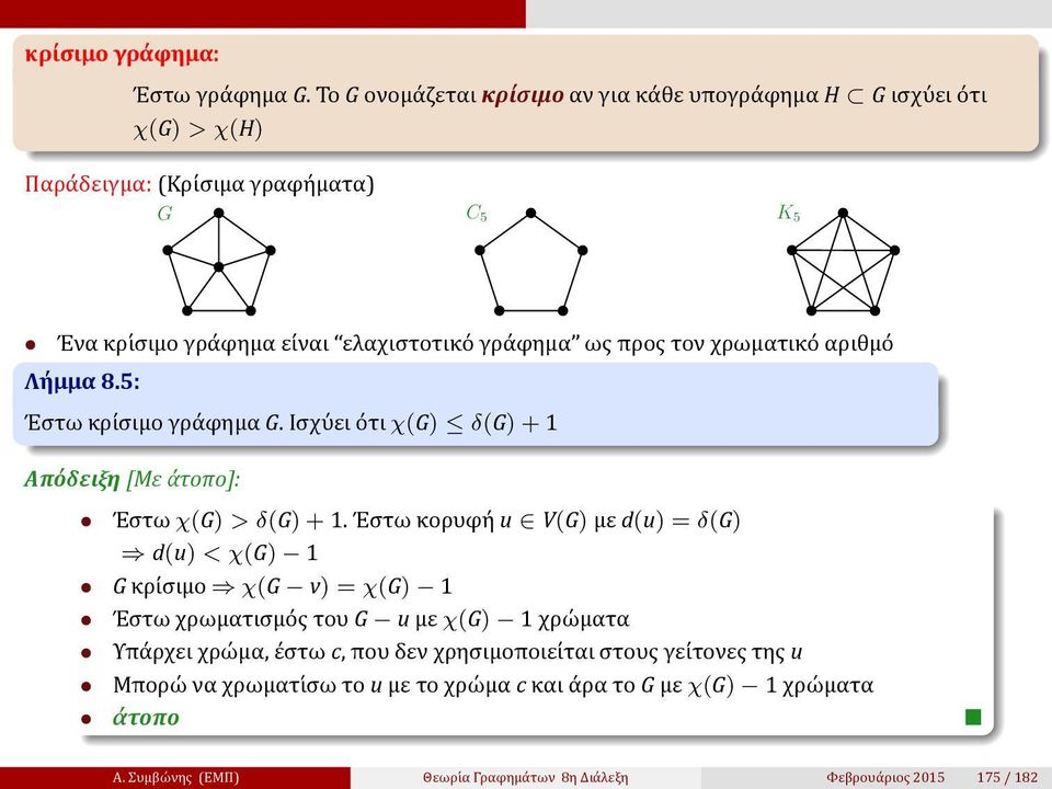 φημα ως προς τον χρωματικο αριθμο Λήμμα 8.5: Έστω κρι σιμο γρα φημα G. Ισχυ ει ο τι χ(g) δ(g) + 1 Απόδειξη [Με άτοπο]: Έστω χ(g) > δ(g) + 1.