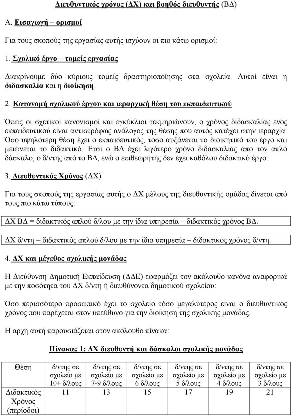 Κατανομή σχολικού έργου και ιεραρχική θέση του εκπαιδευτικού Όπως οι σχετικοί κανονισμοί και εγκύκλιοι τεκμηριώνουν, ο χρόνος διδασκαλίας ενός εκπαιδευτικού είναι αντιστρόφως ανάλογος της θέσης που