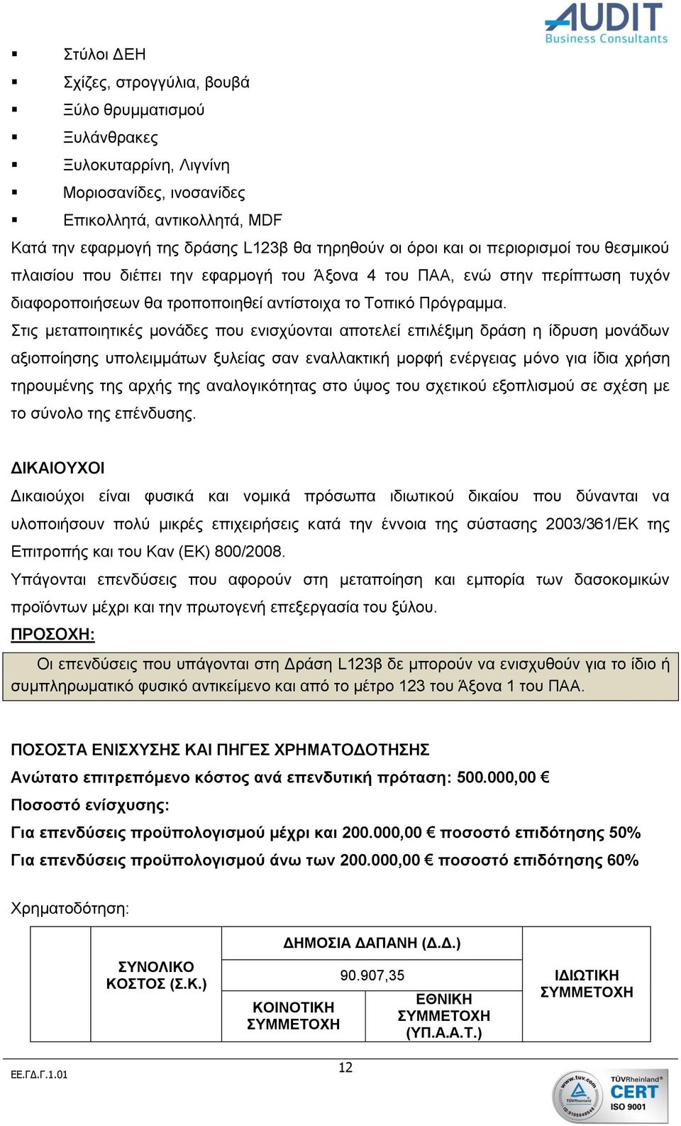 Στις μεταποιητικές μονάδες που ενισχύονται αποτελεί επιλέξιμη δράση η ίδρυση μονάδων αξιοποίησης υπολειμμάτων ξυλείας σαν εναλλακτική μορφή ενέργειας μόνο για ίδια χρήση τηρουμένης της αρχής της