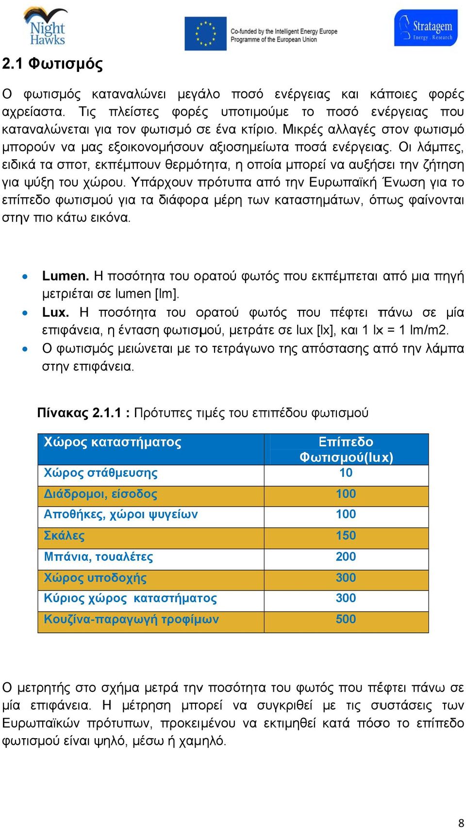 Υπάρχουν πρότυπα από την Ευρωπαϊκή Ένωση για το επίπεδο φωτισμού για τα τ διάφοραα μέρη των καταστημάτων, όπως φαίνονται στην πιο κάτω εικόνα. Lumen.