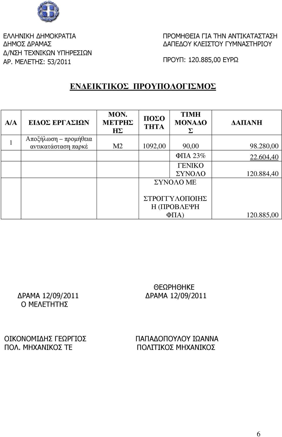 885,00 ΕΥΡΩ ΕΝ ΕΙΚΤΙΚΟΣ ΠΡΟΥΠΟΛΟΓΙΣΜΟΣ Α/Α 1 ΕΙ ΟΣ ΕΡΓΑΣΙΩΝ ΜΟΝ.