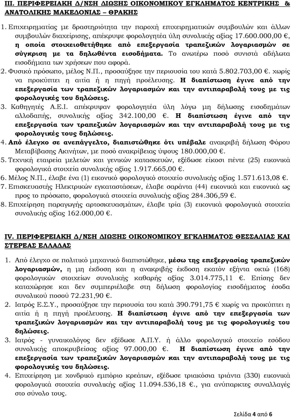 000,00, η οποία στοιχειοθετήθηκε από επεξεργασία τραπεζικών λογαριασμών σε 2. Φυσικό πρόσωπο, μέλος Ν.Π., προσαύξησε την περιουσία του κατά 5.802.703,00.