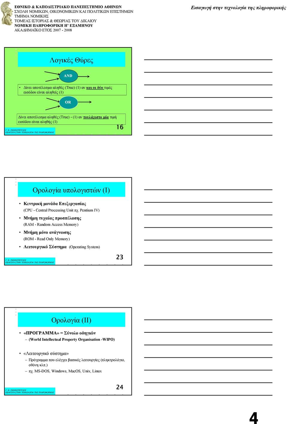 Pentium IV) Μνήμη τυχαίας προσπέλασης (RAM - Random Access Memory) Μνήμη μόνο ανάγνωσης (ROM - Read Only Memory) Λειτουργικό Σύστημα (Operating System) 23 Ορολογία