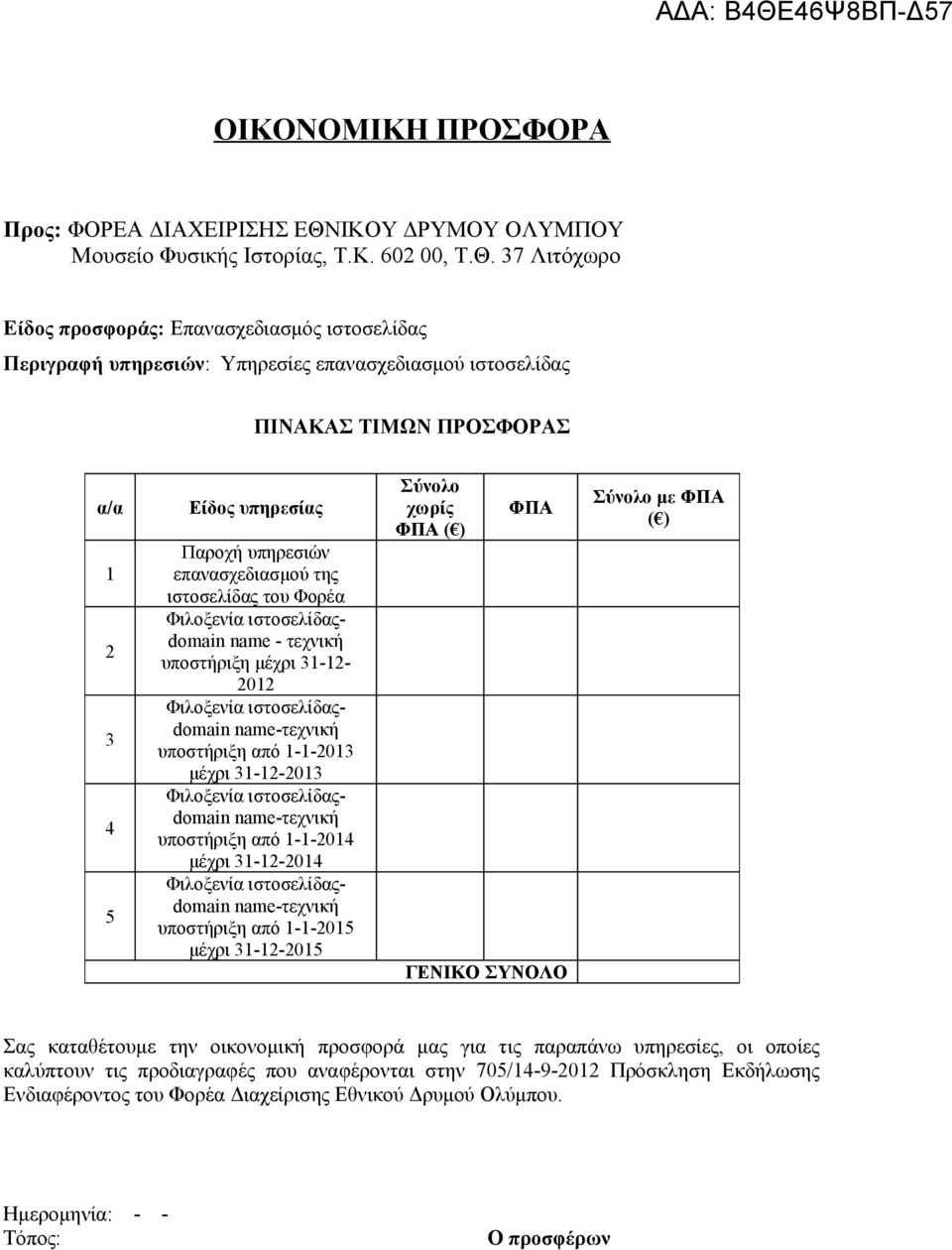 37 Λιτόχωρο Είδος προσφοράς: Επανασχεδιασμός ιστοσελίδας Περιγραφή υπηρεσιών: Υπηρεσίες επανασχεδιασμού ιστοσελίδας ΠΙΝΑΚΑΣ ΤΙΜΩΝ ΠΡΟΣΦΟΡΑΣ α/α 1 2 3 4 5 Είδος υπηρεσίας Παροχή υπηρεσιών