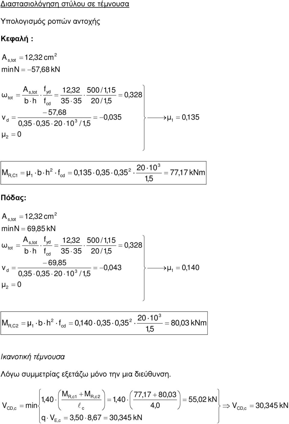 0,8 bh f 55 0 /,5 69,85 v d 0,04 0,5 0,5 00 /,5 0 0,40 00 MR,C bh f 0,40 0,5 0,5 80,0 knm,5 Ικνοτική τένουσ Λόγω συετρίς