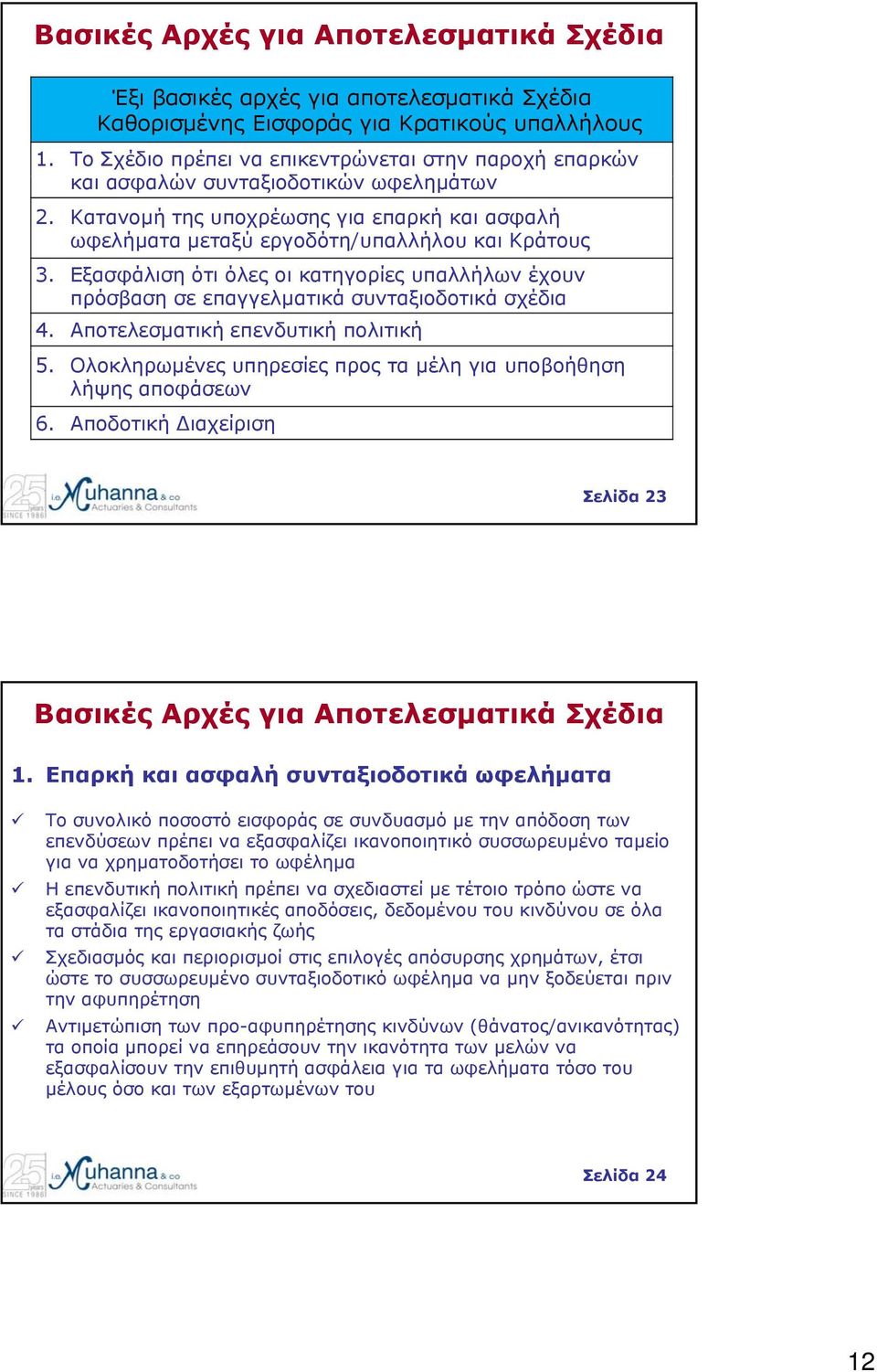 Εξασφάλιση ότι όλες οι κατηγορίες υπαλλήλων έχουν πρόσβαση σε επαγγελματικά συνταξιοδοτικά σχέδια 4. Αποτελεσματική επενδυτική πολιτική 5.