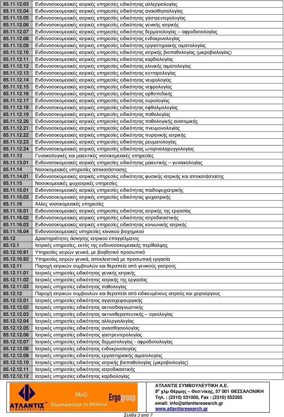 11.12.09 Ενδονοσοκοµειακές ιατρικές υπηρεσίες ειδικότητας εργαστηριακής αιµατολογίας 85.11.12.10 Ενδονοσοκοµειακές ιατρικές υπηρεσίες ειδικότητας ιατρικής βιοπαθολογίας (µικροβιολογίας) 85.11.12.11 Ενδονοσοκοµειακές ιατρικές υπηρεσίες ειδικότητας καρδιολογίας 85.