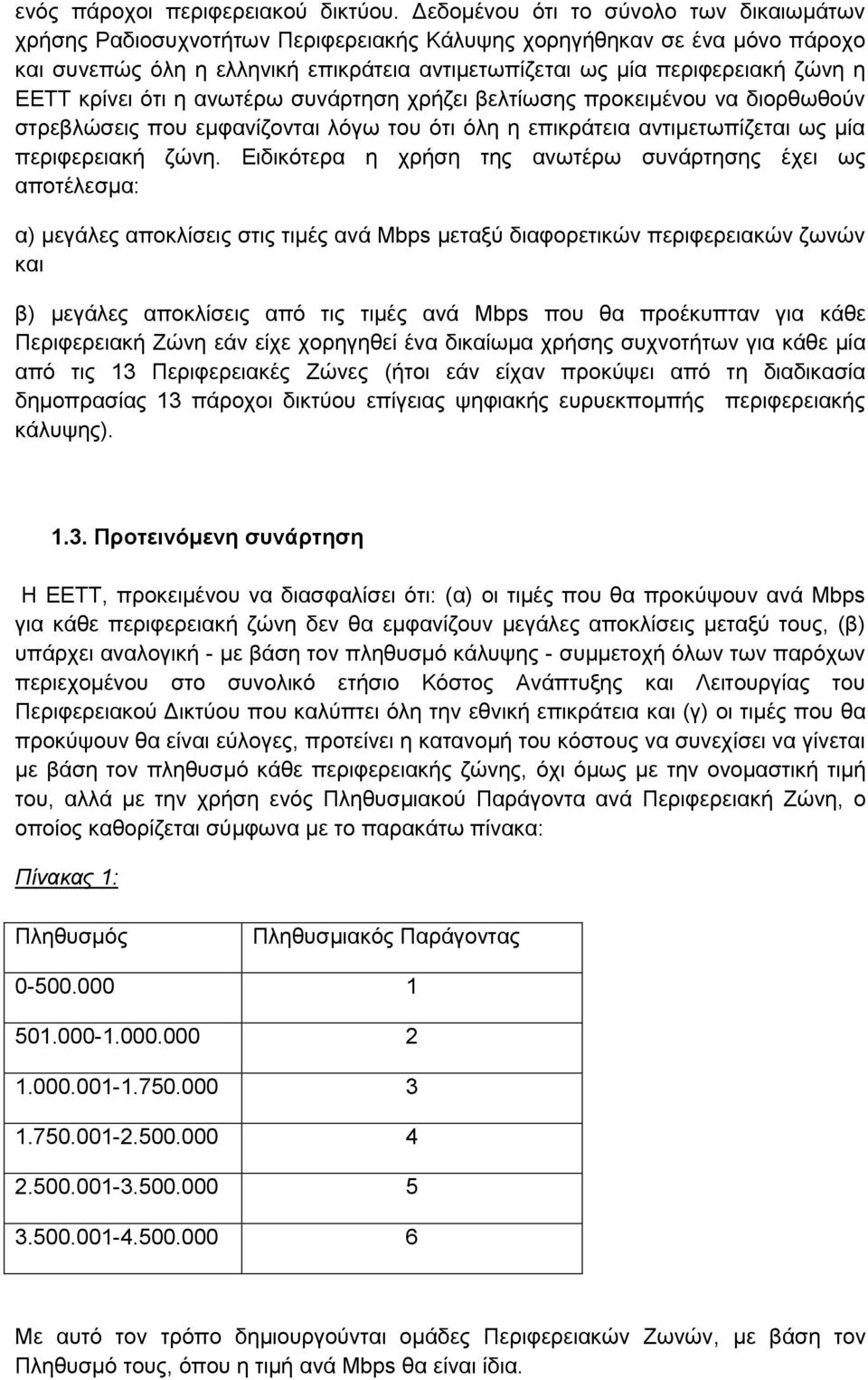 ΕΕΤΤ κρίνει ότι η ανωτέρω συνάρτηση χρήζει βελτίωσης προκειμένου να διορθωθούν στρεβλώσεις που εμφανίζονται λόγω του ότι όλη η επικράτεια αντιμετωπίζεται ως μία περιφερειακή ζώνη.