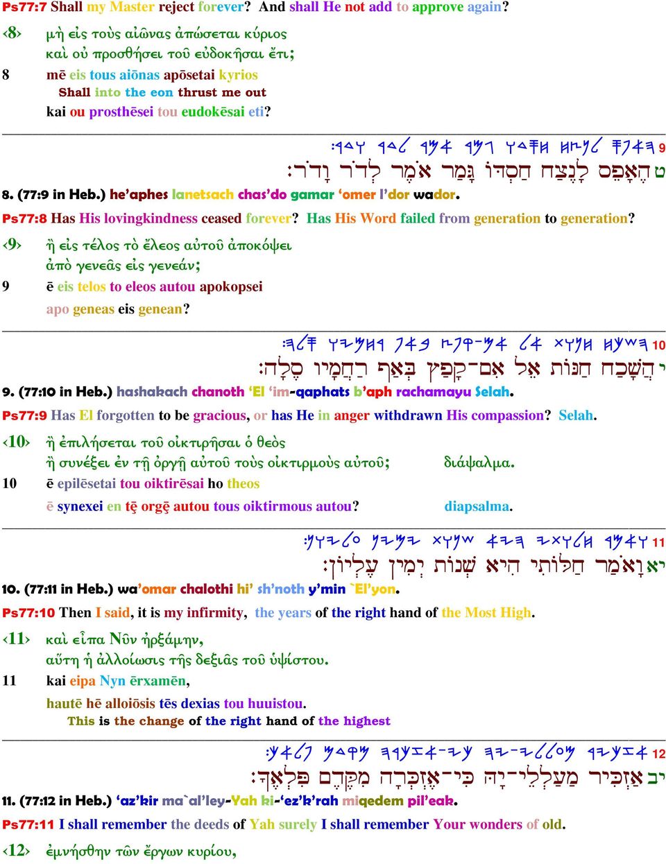 :XCE XCL XN@ XNB ECQG GVPL QT@D 9 :š¾ š¾ š ¾ šµ B ŸC µ µ Š 8. (77:9 in Heb.) he aphes lanetsach chas do gamar omer l dor wador. Ps77:8 Has His lovingkindness ceased forever?