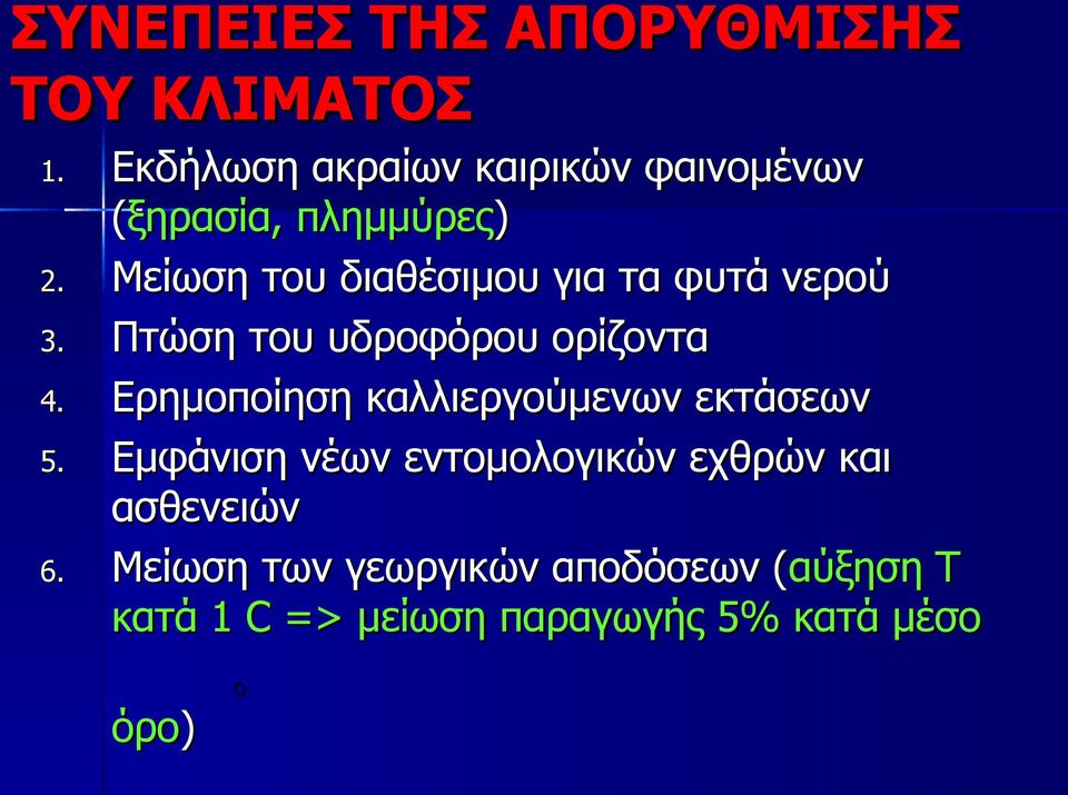 Μείωση του διαθέσιμου για τα φυτά νερού 3. Πτώση του υδροφόρου ορίζοντα 4.