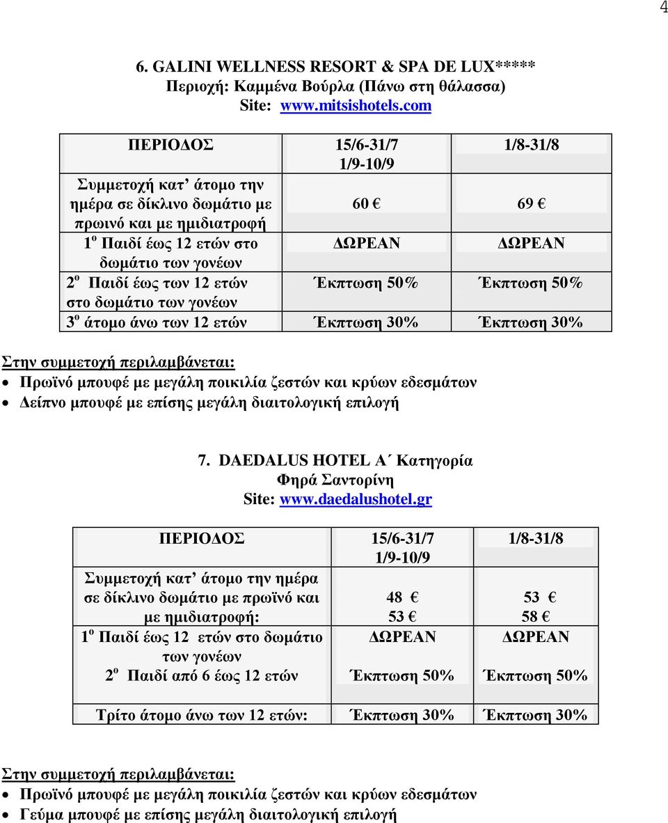 50% Έκπτωση 50% στο 3 ο άτομο άνω των 12 ετών Έκπτωση 30% Έκπτωση 30% Δείπνο μπουφέ με επίσης μεγάλη διαιτολογική επιλογή 7. DAEDALUS HOTEL Α Κατηγορία Φηρά Σαντορίνη Site: www.daedalushotel.