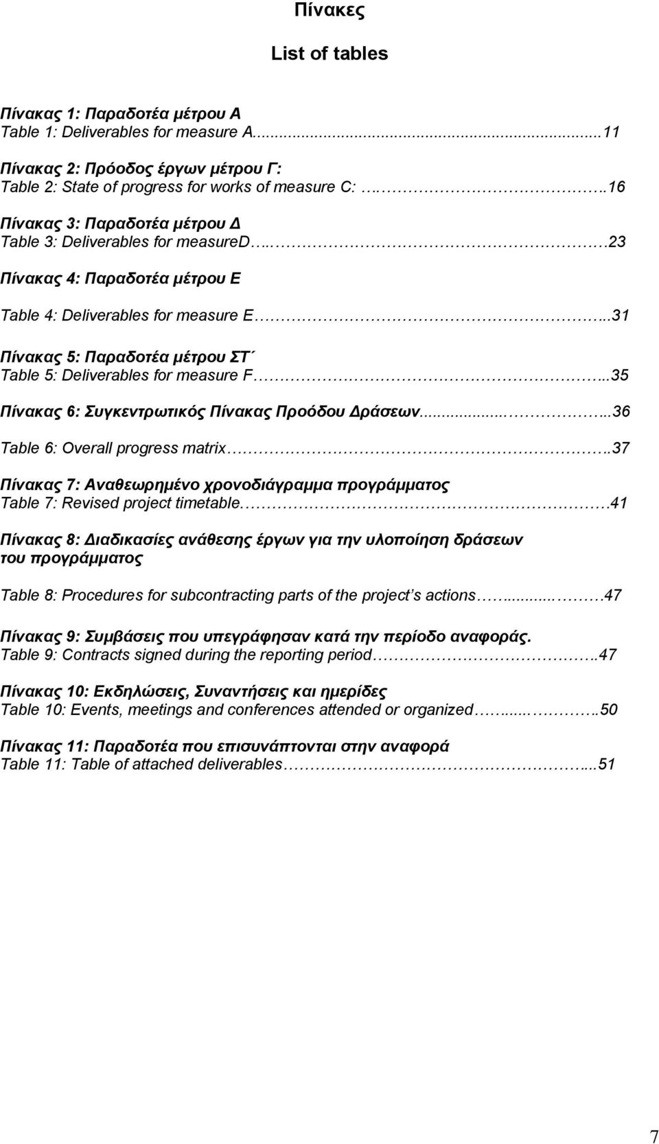 .31 Πίνακας 5: Παραδοτέα µέτρου ΣΤ Table 5: Deliverables for measure F..35 Πίνακας 6: Συγκεντρωτικός Πίνακας Προόδου ράσεων.....36 Table 6: Overall progress matrix.