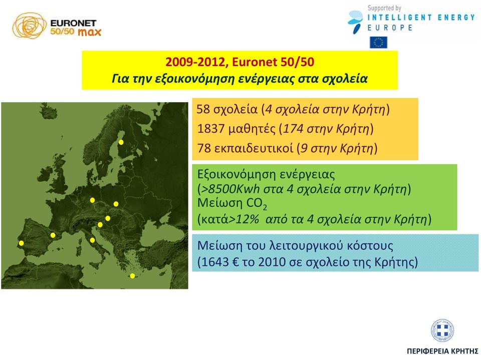 Εξοικονόμηση ενέργειας (>8500Kwh στα 4 σχολεία στην Κρήτη) ΜείωσηCO 2 (κατά>12% από τα