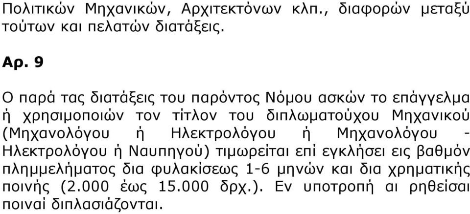 9 Ο παρά τας διατάξεις του παρόντος Νόμου ασκών το επάγγελμα ή χρησιμοποιών τον τίτλον του διπλωματούχου