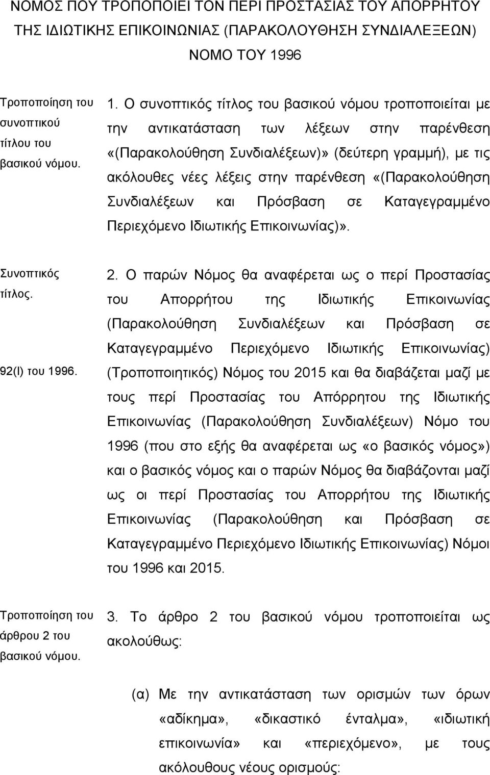 Ο ζπλνπηηθφο ηίηινο ηνπ βαζηθνχ λφκνπ ηξνπνπνηείηαη κε ηελ αληηθαηάζηαζε ησλ ιέμεσλ ζηελ παξέλζεζε «(Παξαθνινχζεζε πλδηαιέμεσλ)» (δεχηεξε γξακκή), κε ηηο αθφινπζεο λέεο ιέμεηο ζηελ παξέλζεζε