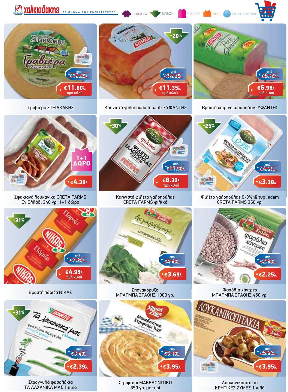1+1 δώρο Καπνιστό φιλέτο γαλοπούλας CRETA FARMS φιλικό Φιλέτο γαλοπούλας 0-3% & τυρί edam CRETA FARMS 360 γρ. -31% 7.20λ. 4.95λ. 4.68λ. 3.69λ. 2.68λ. 2.25λ.