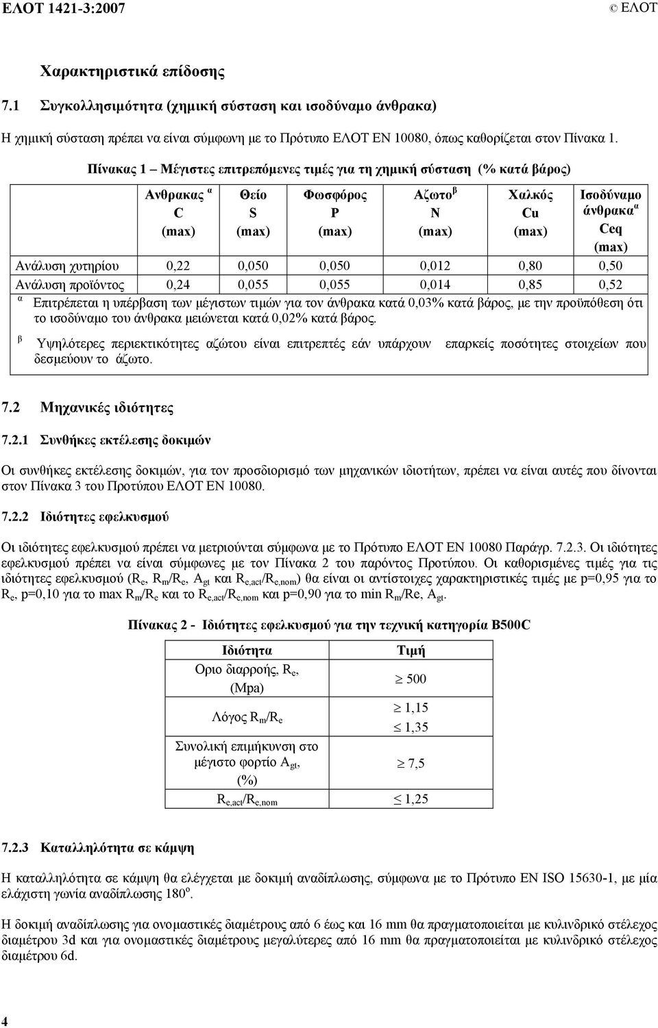 Πίνακας 1 Μέγιστες επιτρεπόµενες τιµές για τη χηµική σύσταση (% κατά βάρος) Ανθρακας α C Θείο S Φωσφόρος P Αζωτο β Ν Χαλκός Cu Ισοδύναµο άνθρακα α Ceq Ανάλυση χυτηρίου 0,22 0,050 0,050 0,012 0,80