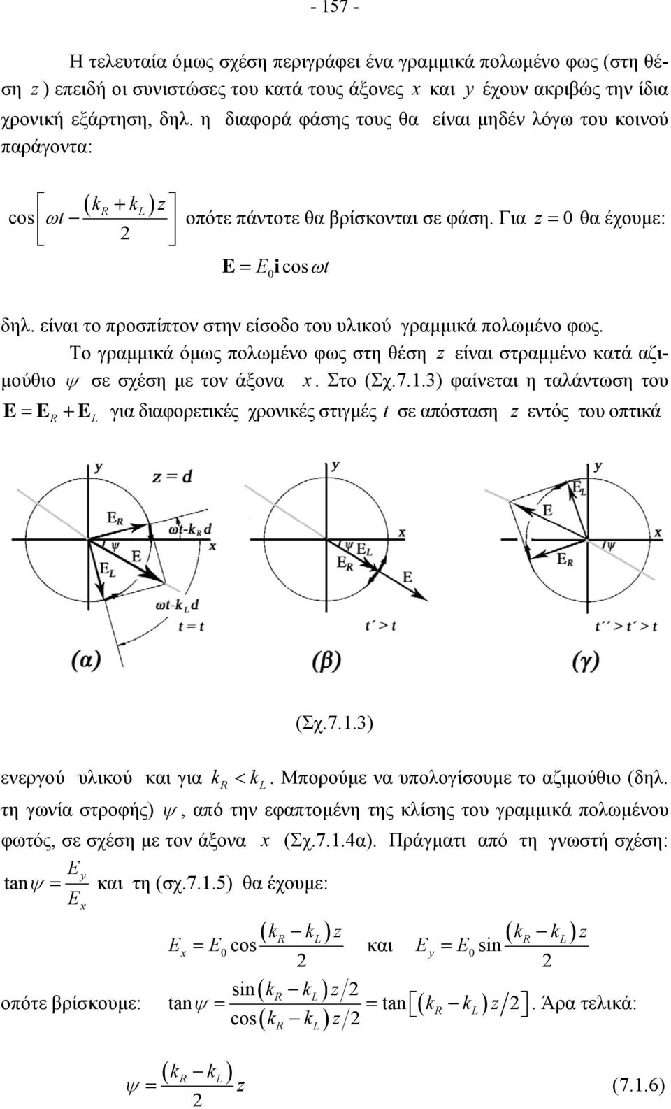 είναι το προσπίπτον στην είσοδο του υλικού γραµµικά πολωµένο φως. Το γραµµικά όµως πολωµένο φως στη θέση z είναι στραµµένο κατά αζι- µούθιο ψ σε σχέση µε τον άξονα x. Στο (Σχ.7.1.