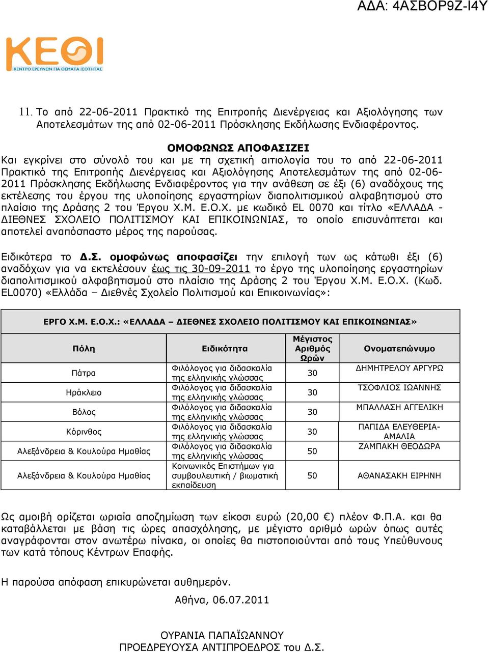 Εκδήλωσης Ενδιαφέροντος για την ανάθεση σε έξι (6) αναδόχους της εκτέλεσης του έργου της υλοποίησης εργαστηρίων διαπολιτισμικού αλφαβητισμού στο πλαίσιο της Δράσης 2 του Έργου Χ.