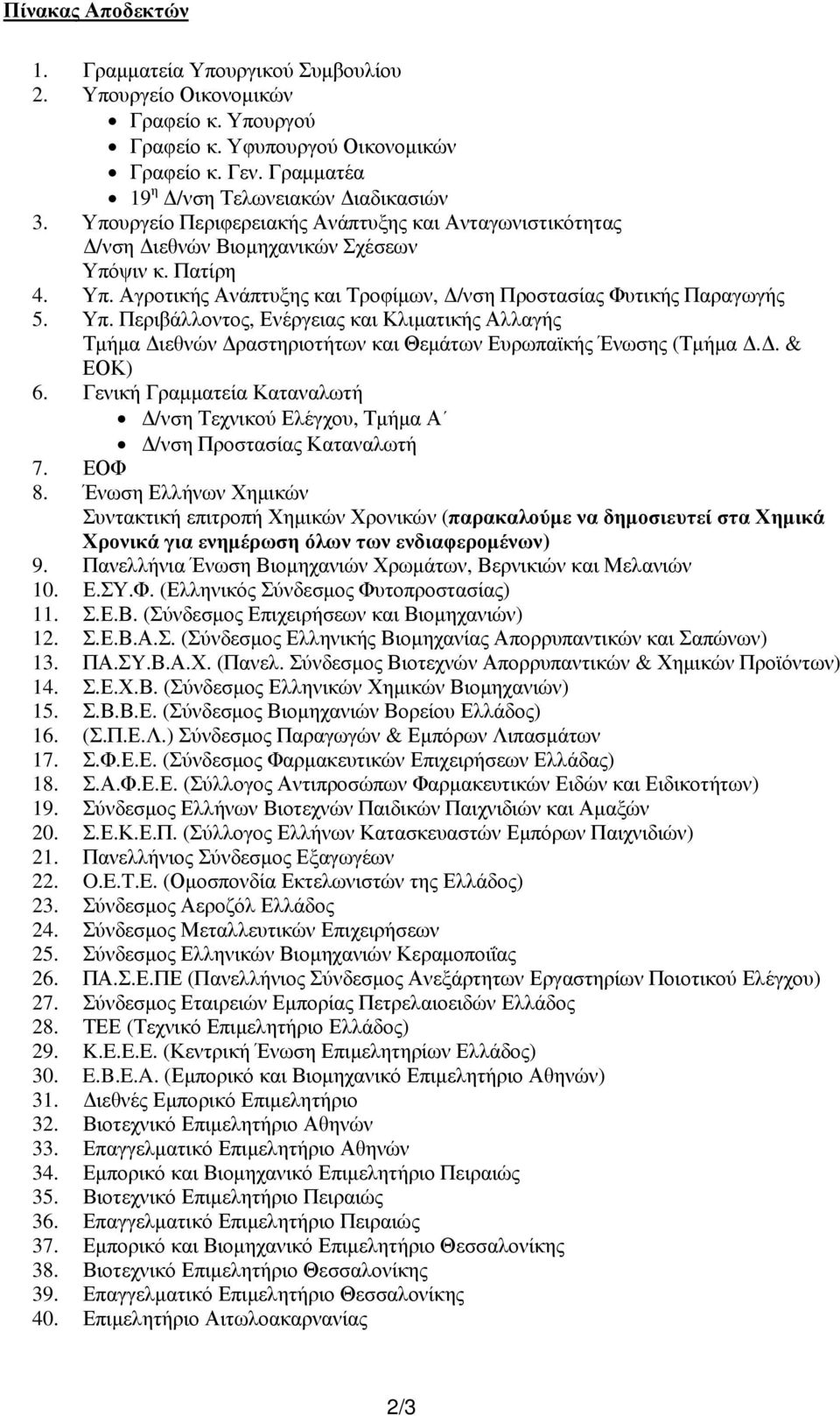 ψιν κ. Πατίρη 4. Υπ. Αγροτικής Ανάπτυξης και Τροφίμων, Δ/νση Προστασίας Φυτικής Παραγωγής 5. Υπ. Περιβάλλοντος, Ενέργειας και Κλιματικής Αλλαγής Τμήμα Διεθνών Δραστηριοτήτων και Θεμάτων Ευρωπαϊκής Ένωσης (Τμήμα Δ.