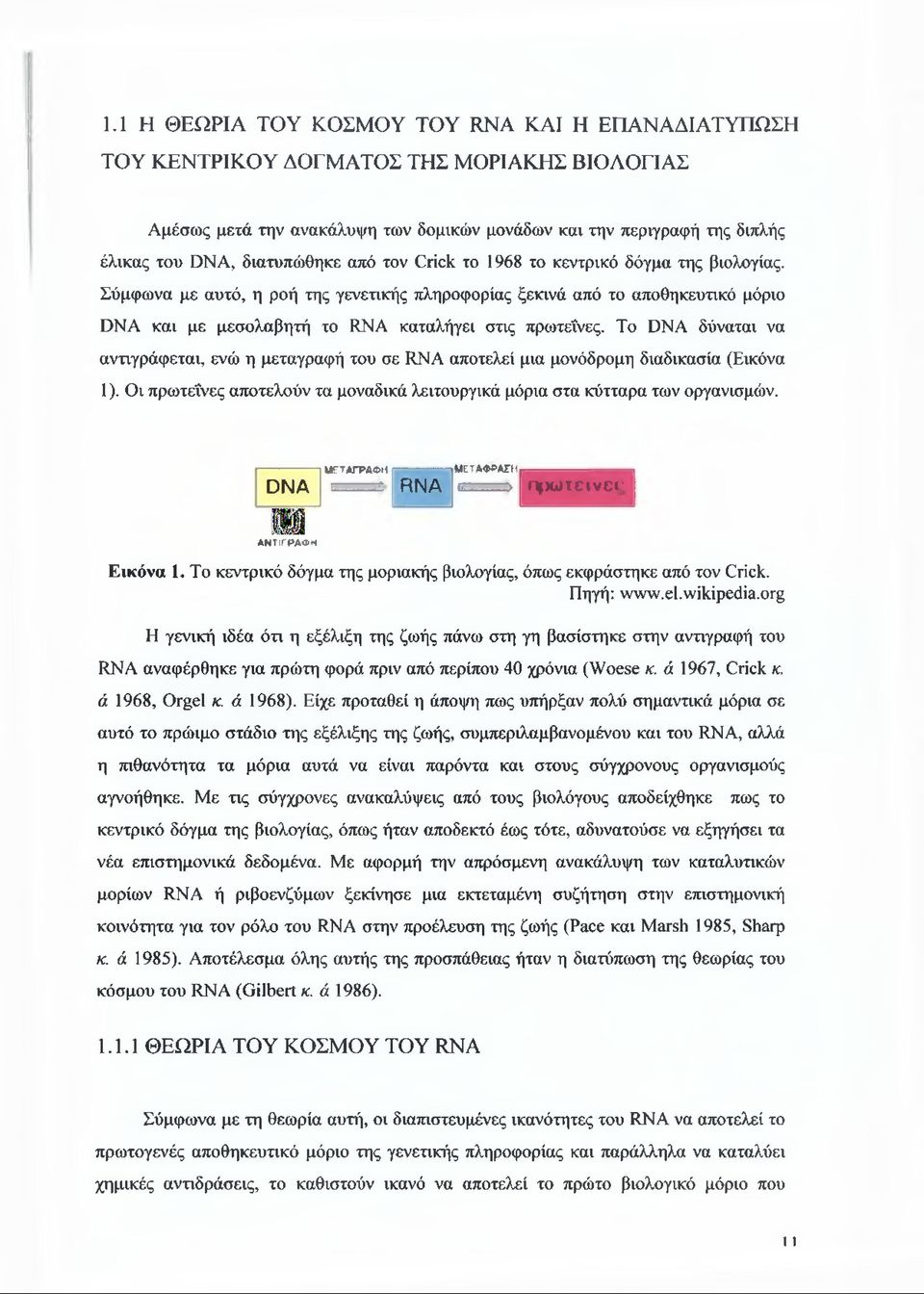 Σύμφωνα με αυτό, η ροή της γενετικής πληροφορίας ξεκινά από το αποθηκευτικό μόριο DNA και με μεσολαβητή το RNA καταλήγει στις πρωτεΐνες.