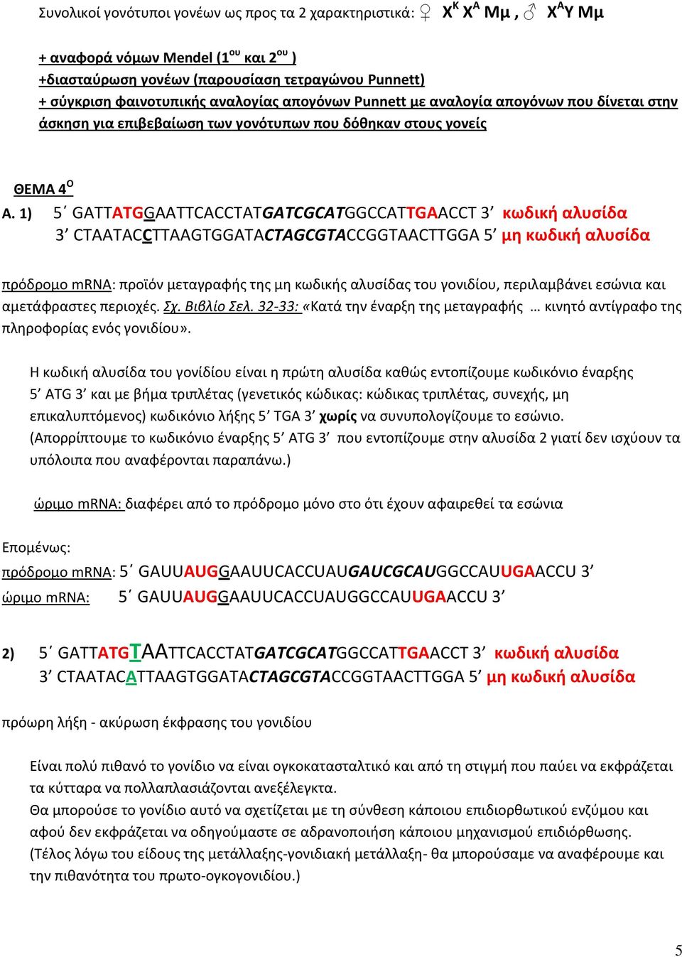 1) 5 GATTATGGAATTCACCTATGATCGCATGGCCATTGAACCT 3 κωδική αλυσίδα 3 CTAATACCTTAAGTGGATACTAGCGTACCGGTAACTTGGA 5 μη κωδική αλυσίδα πρόδρομο mrna: προϊόν μεταγραφής της μη κωδικής αλυσίδας του γονιδίου,