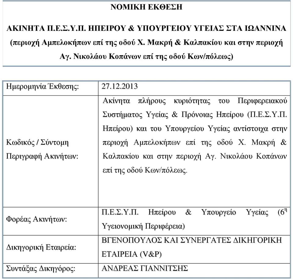 ριφερειακού Συστήματος Υγείας & Πρόνοιας Ηπείρου (Π.Ε.Σ.Υ.Π. Ηπείρου) και του Υπουργείου Υγείας αντίστοιχα στην Κωδικός / Σύντομη Περιγραφή Ακινήτων: περιοχή Αμπελοκήπων επί της οδού Χ.