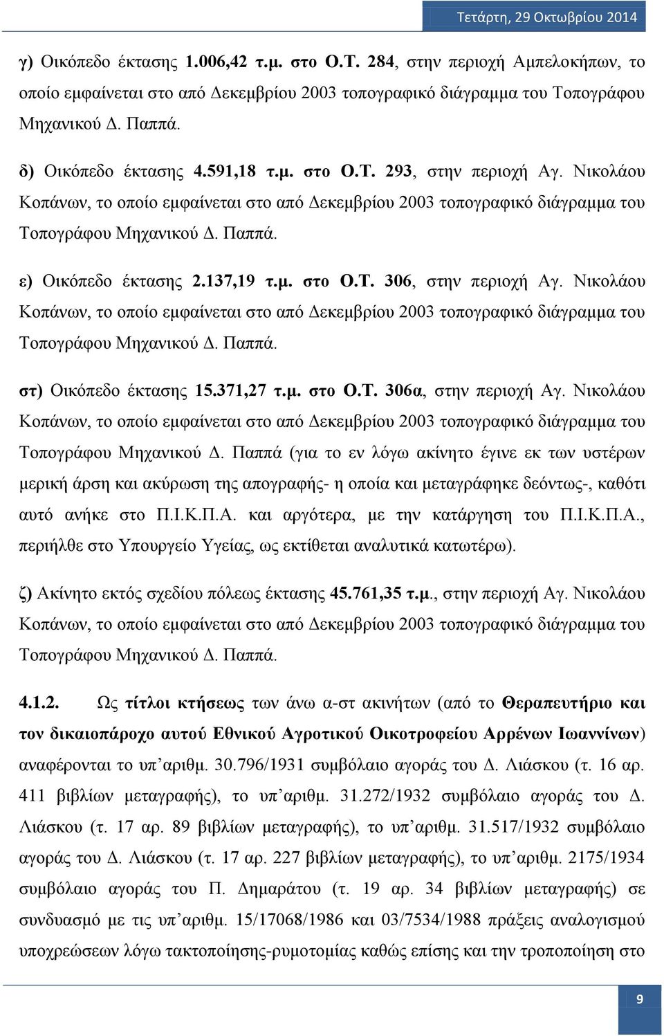 Νικολάου Κοπάνων, το οποίο εμφαίνεται στο από Δεκεμβρίου 2003 τοπογραφικό διάγραμμα του Τοπογράφου Μηχανικού Δ. Παππά. στ) Οικόπεδο έκτασης 15.371,27 τ.μ. στο Ο.Τ. 306α, στην περιοχή Αγ.
