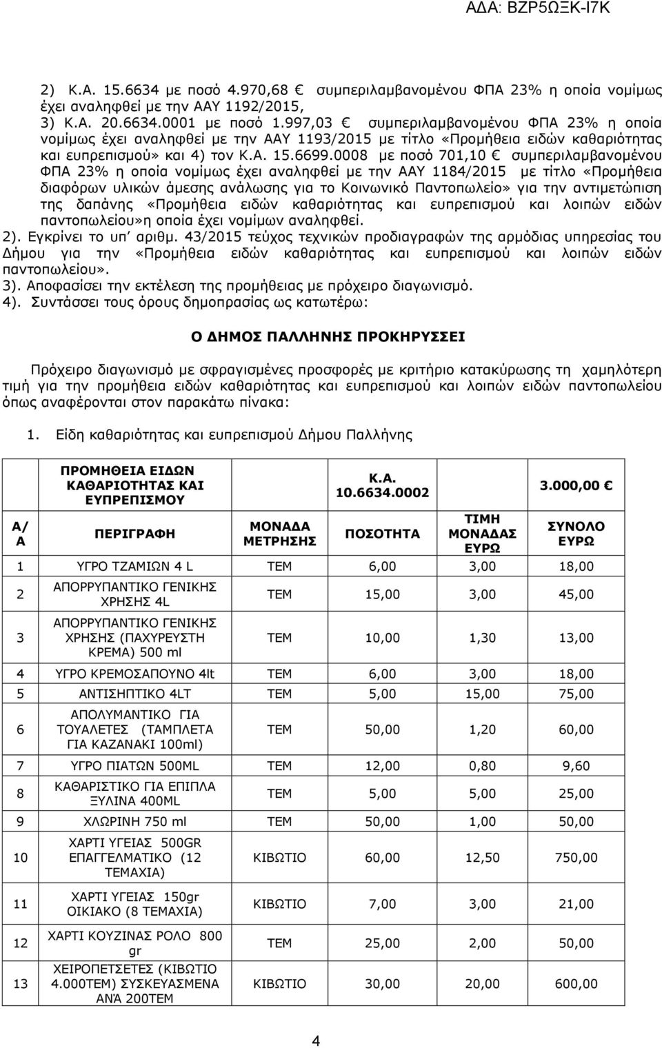 0008 με ποσό 701,10 συμπεριλαμβανομένου ΦΠΑ 23% η οποία νομίμως έχει αναληφθεί με την ΑΑΥ 1184/2015 με τίτλο «Προμήθεια διαφόρων υλικών άμεσης ανάλωσης για το Κοινωνικό Παντοπωλείο» για την