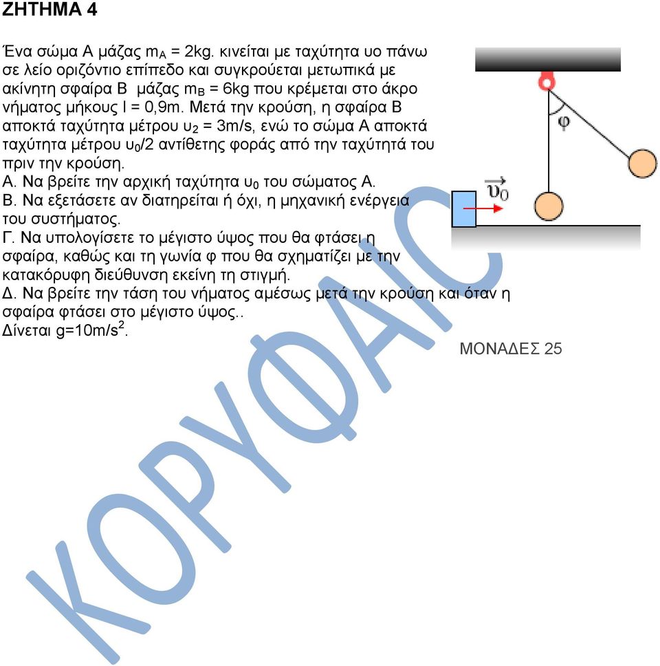 Μετά την κρούση, η σφαίρα Β αποκτά ταχύτητα μέτρου υ 2 = 3m/s, ενώ το σώμα Α αποκτά ταχύτητα μέτρου υ 0 /2 αντίθετης φοράς από την ταχύτητά του πριν την κρούση. Α. Να βρείτε την αρχική ταχύτητα υ 0 του σώματος Α.