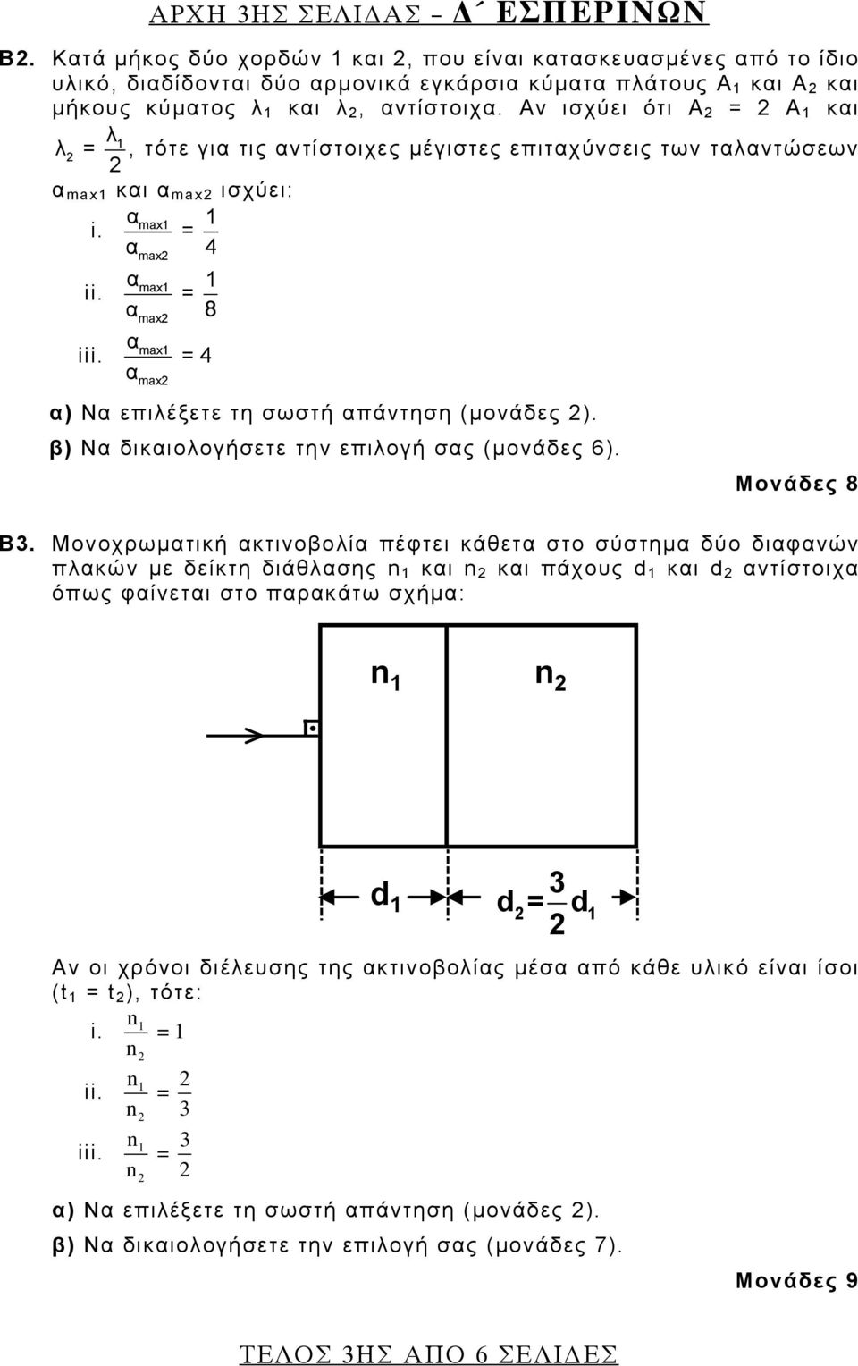 Αν ισχύει ότι Α = Α 1 και λ1 λ =, τότε για τις αντίστοιχες μέγιστες επιταχύνσεις των ταλαντώσεων α max1 και α max ισχύει: i. αmax1 1 = αmax 4 ii. αmax1 1 = 8 αmax iii.