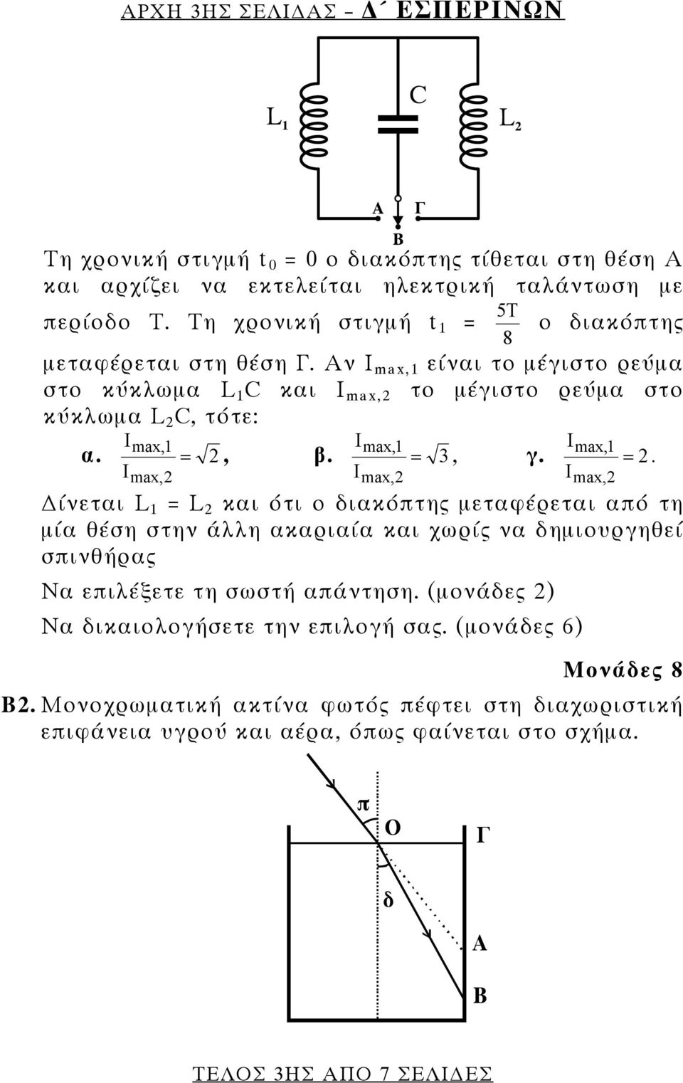 Αν Ι max,1 είναι το μέγιστο ρεύμα στο κύκλωμα L 1 C και Ι max,2 το μέγιστο ρεύμα στο κύκλωμα L 2 C, τότε: Ιmax,1 Ιmax,2 Ιmax,1 Ιmax,2 α. = 2,