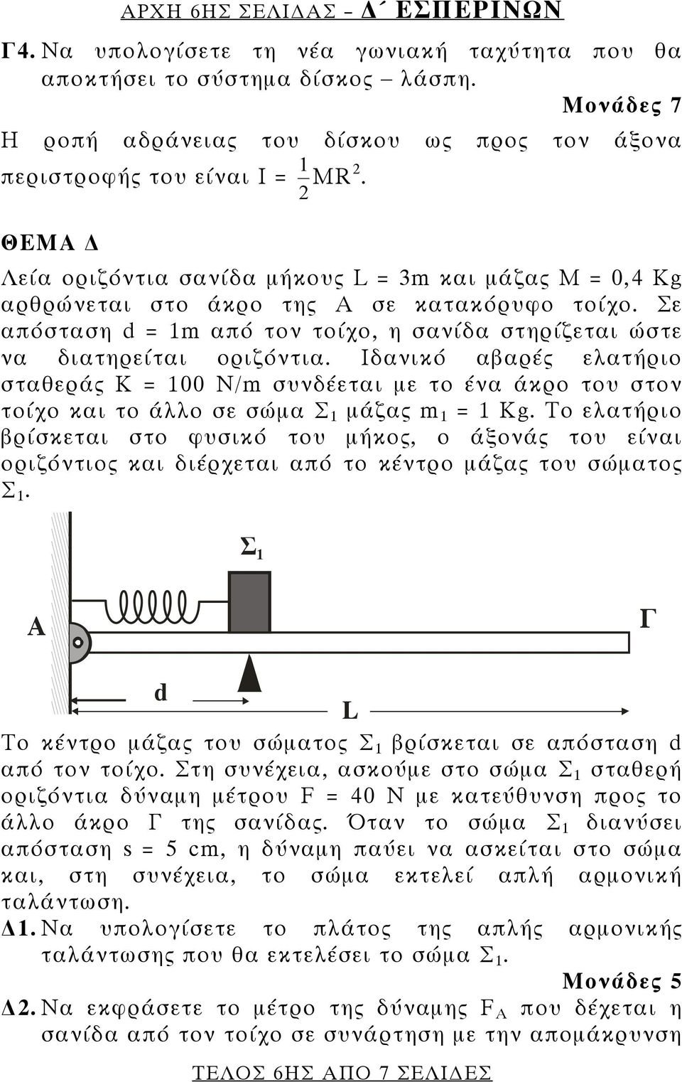 Σε απόσταση d = 1m από τον τοίχο, η σανίδα στηρίζεται ώστε να διατηρείται οριζόντια.