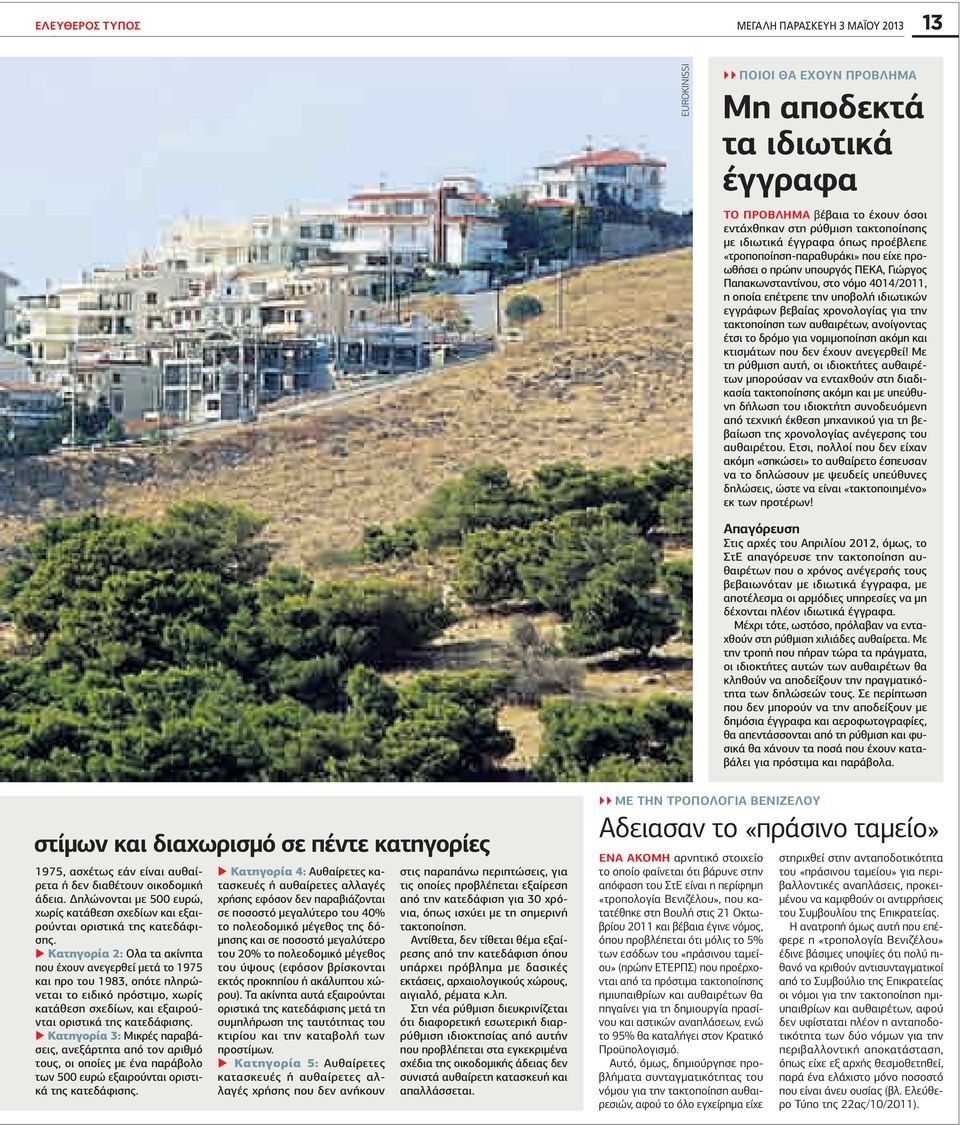 χρονολογίας για την τακτοποίηση των αυθαιρέτων, ανοίγοντας έτσι το δρόμο για νομιμοποίηση ακόμη και κτισμάτων που δεν έχουν ανεγερθεί!