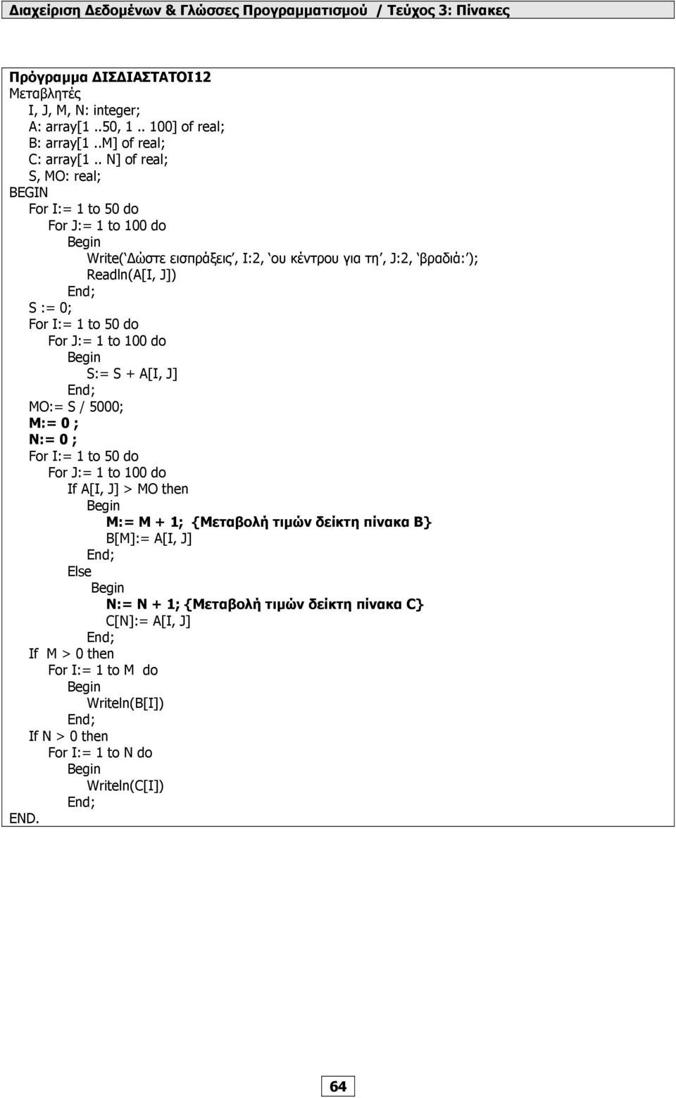 MO:= S / 5000; M:= 0 ; Ν:= 0 ; If Α[I, J] > MΟ then Μ:= Μ + 1; {Μεταβολή τιµών δείκτη πίνακα Β} Β[Μ]:= A[I, J] Else Ν:= Ν + 1;