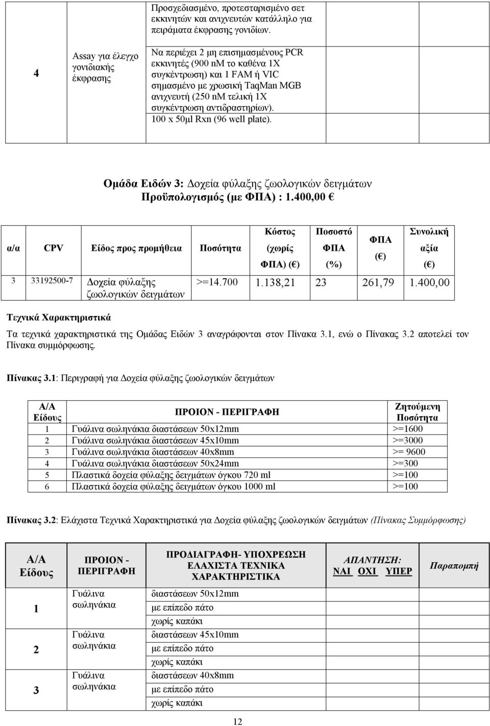 100 x 50μl Rxn (96 well plate). Ομάδα Ειδών 3: Δοχεία φύλαξης ζωολογικών δειγμάτων Προϋπολογισμός (με ) : 1.