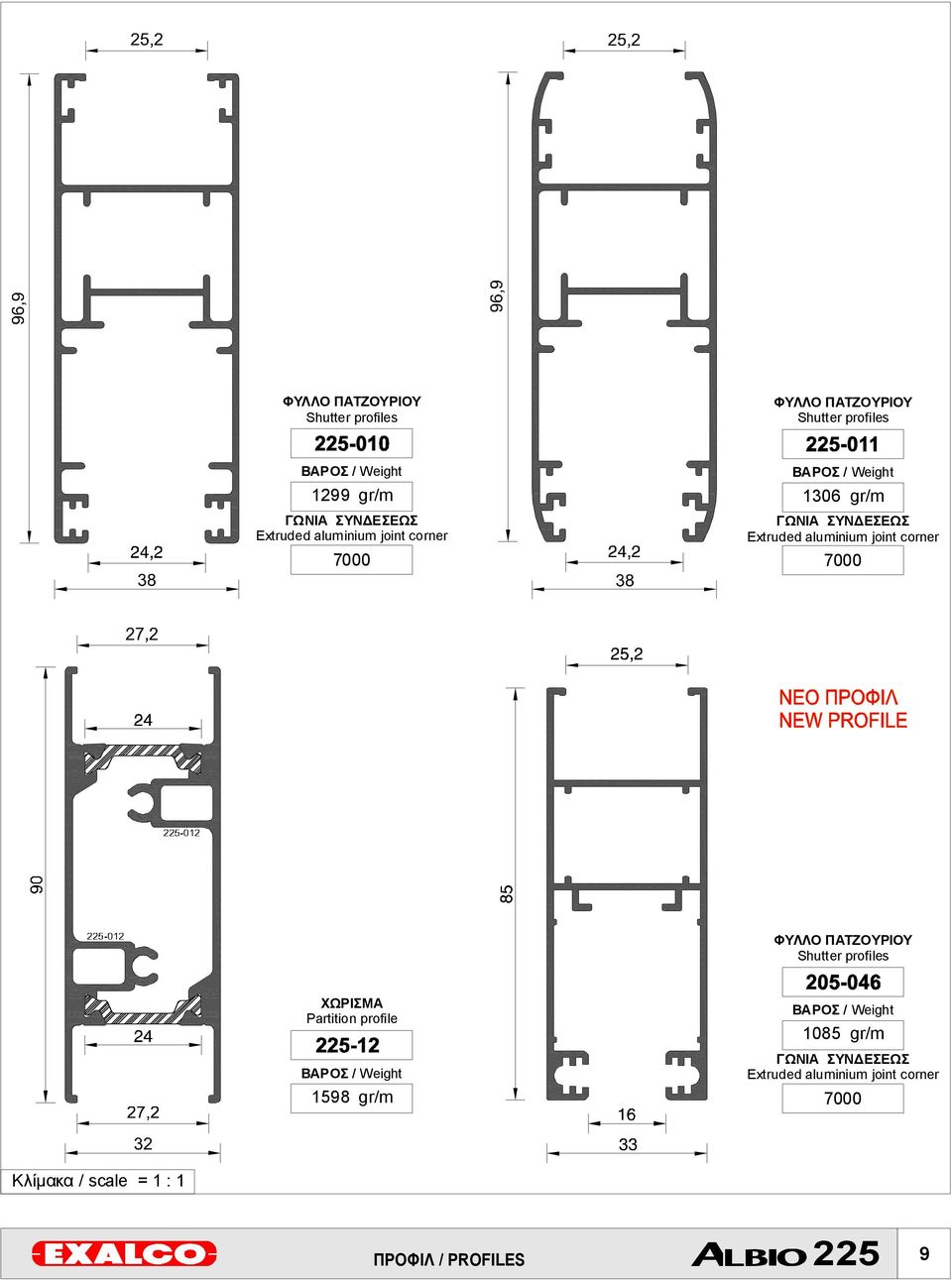 joint corner 7000 ΦΥΛΛΟ ΠΑΤΖΟΥΡΙΟΥ Shutter profiles ΧΩΡΙΣΜΑ Partition profile ΒΑΡΟΣ / Weight 1598 gr/m