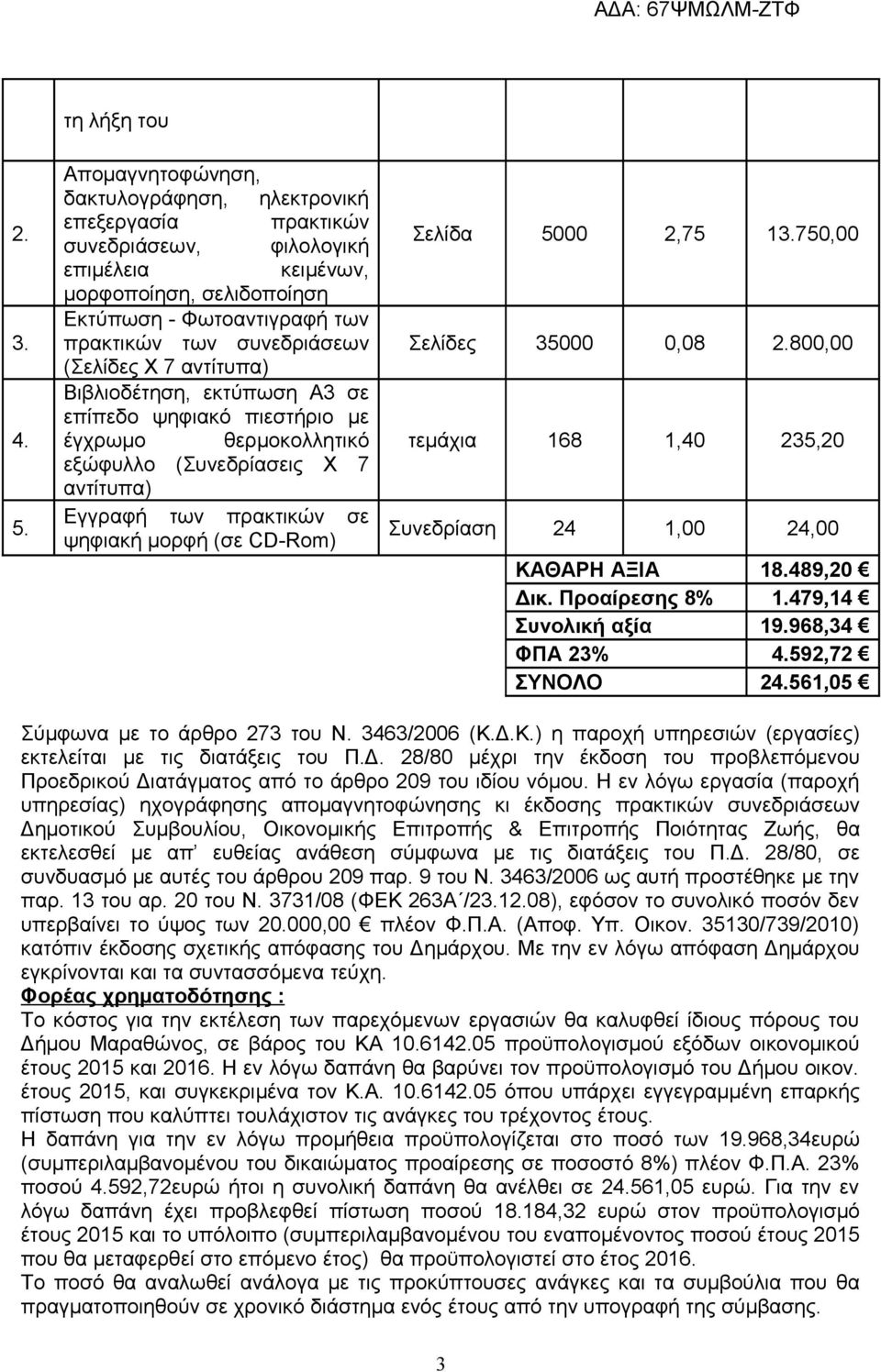 (Σελίδες X 7 αντίτυπα) Βιβλιοδέτηση, εκτύπωση Α3 σε επίπεδο ψηφιακό πιεστήριο με έγχρωμο θερμοκολλητικό εξώφυλλο (Συνεδρίασεις Χ 7 αντίτυπα) Εγγραφή των πρακτικών σε ψηφιακή μορφή (σε CD-Rom) Σελίδα