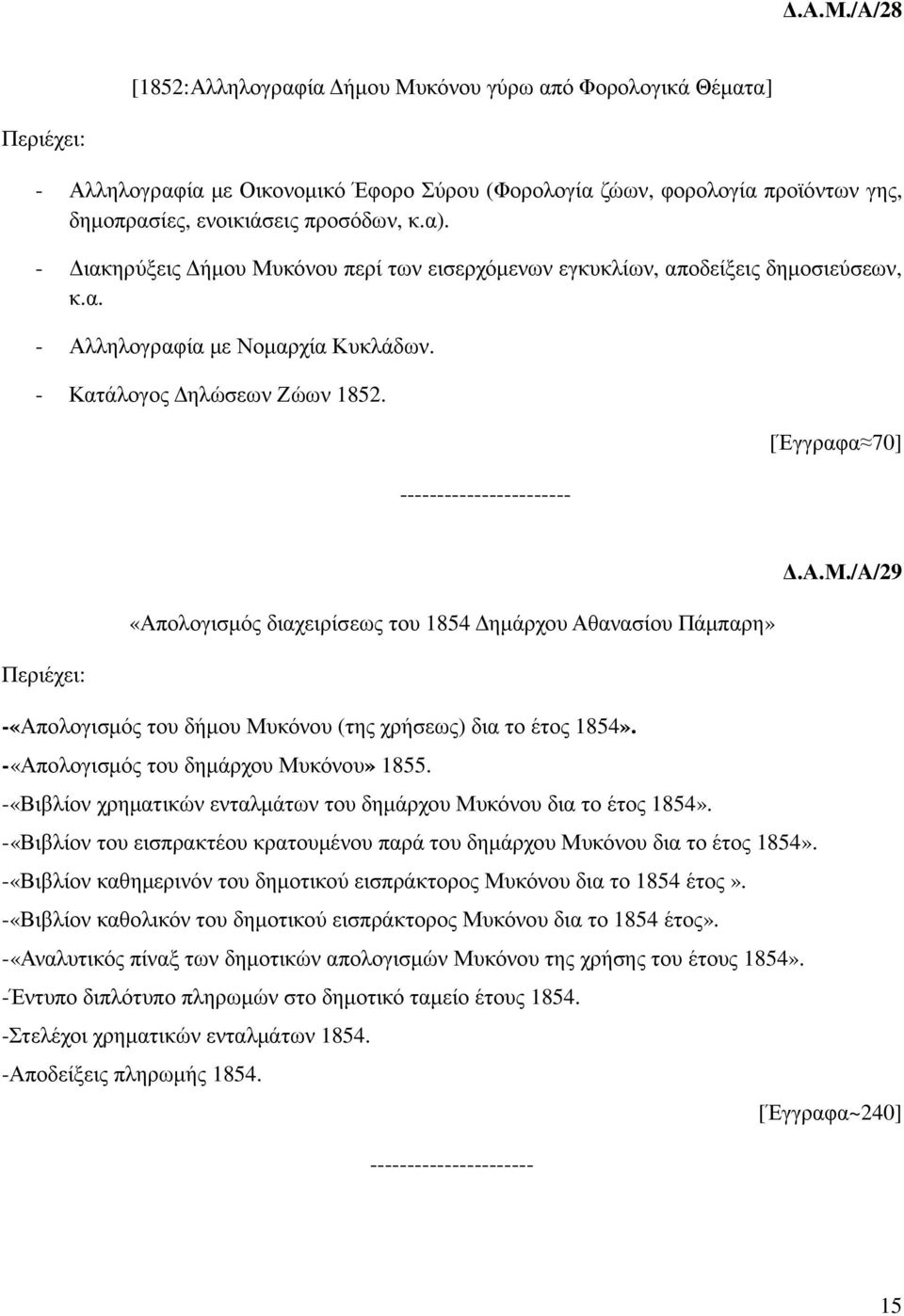 -«Απολογισµός του δηµάρχου Μυκόνου» 1855. -«Βιβλίον χρηµατικών ενταλµάτων του δηµάρχου Μυκόνου δια το έτος 1854». -«Βιβλίον του εισπρακτέου κρατουµένου παρά του δηµάρχου Μυκόνου δια το έτος 1854».